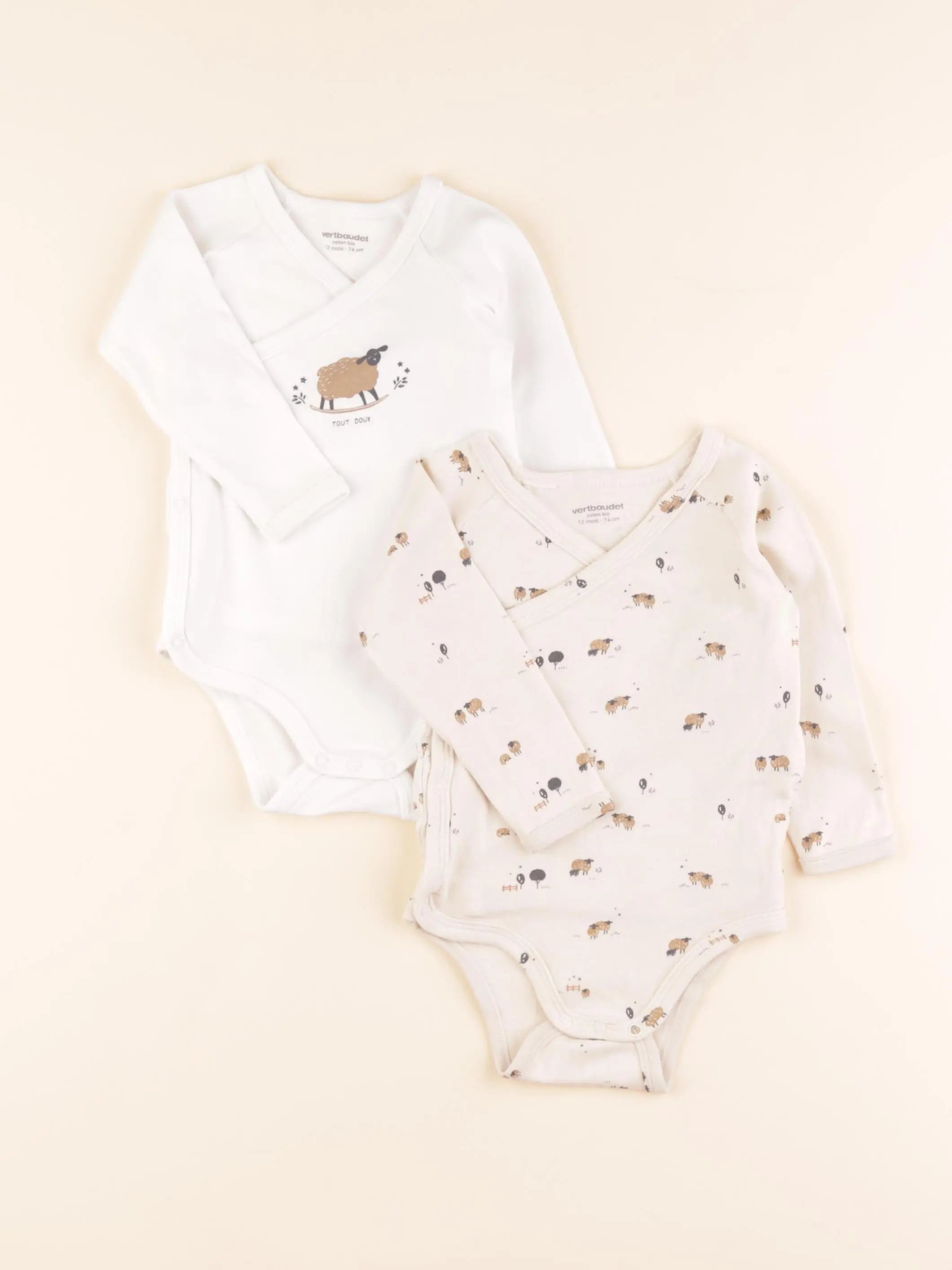 Vertbaudet - lot de 2 bodies en coton beige, blanc - 12 mois
