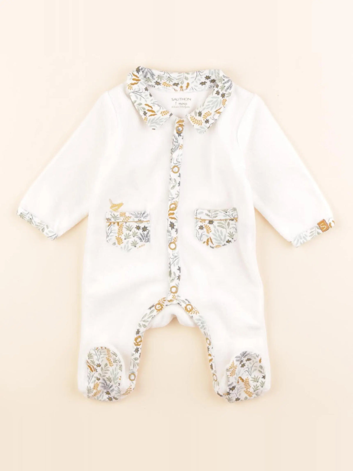 Sauthon - pyjama velours blanc, vert - 1 mois