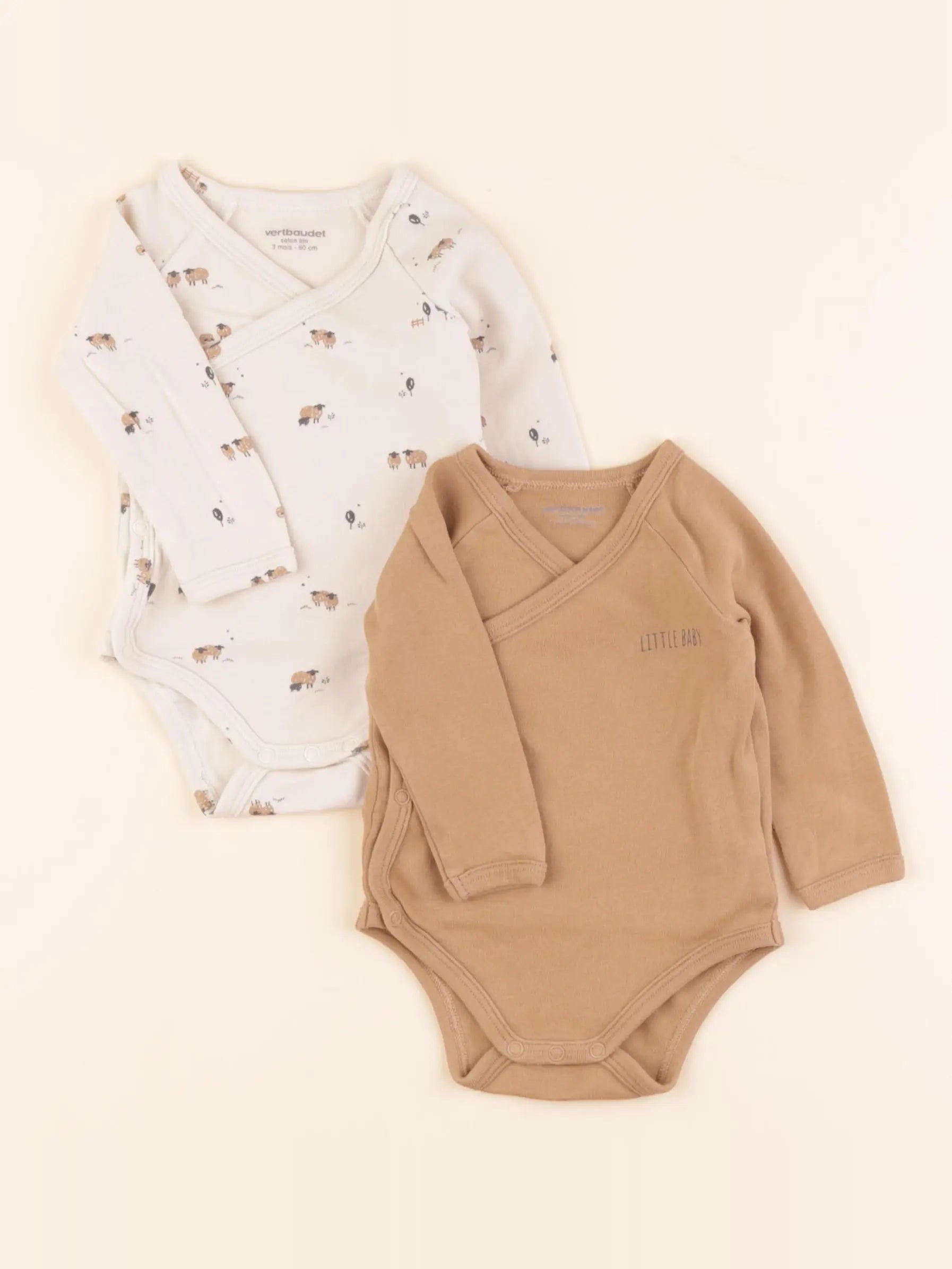 Vertbaudet - lot de 2 bodies en coton marron, beige - 3 mois