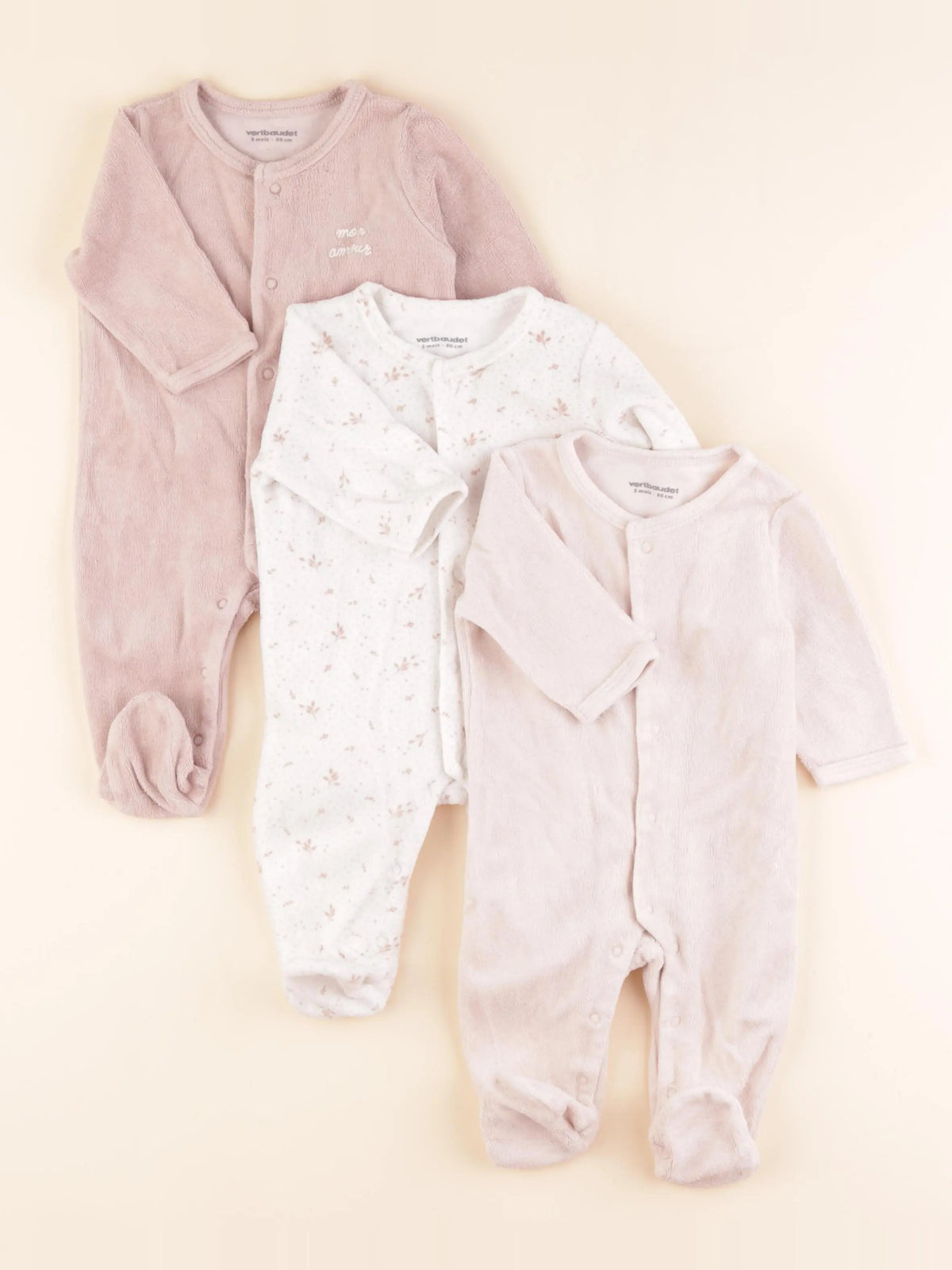 Vertbaudet - lot de 3 pyjamas velours rose - 3 mois