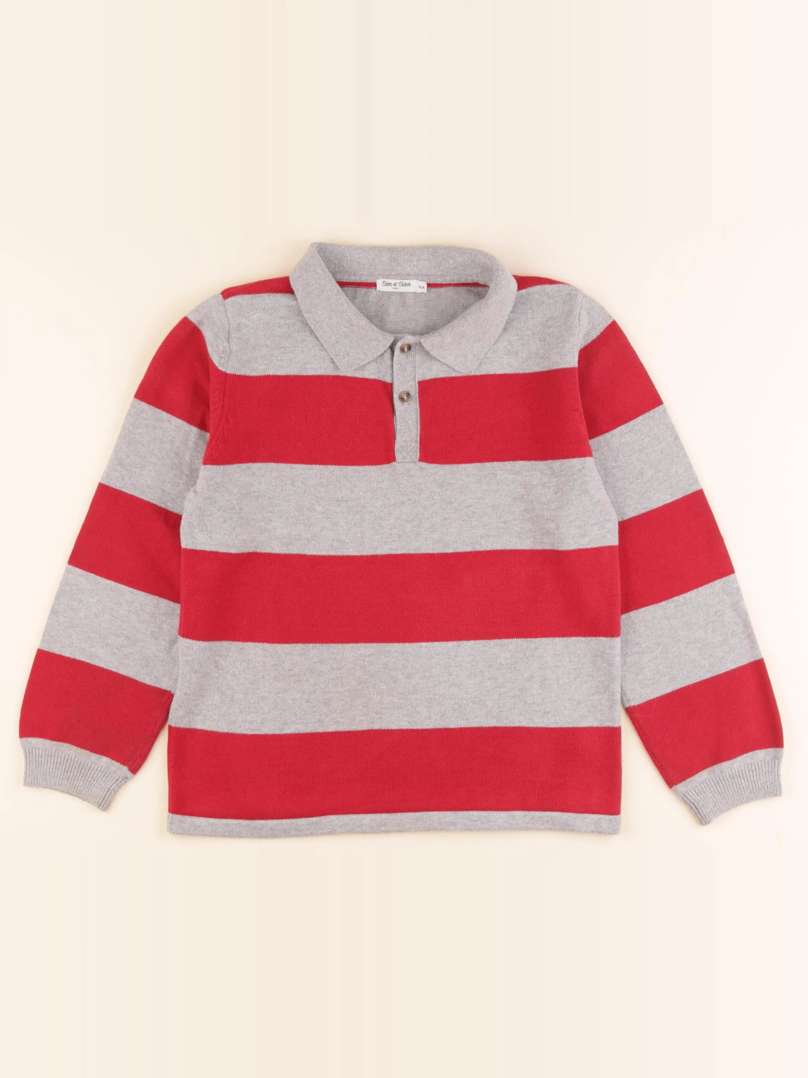 Eden & Victor - pull gris, rouge - 10 ans