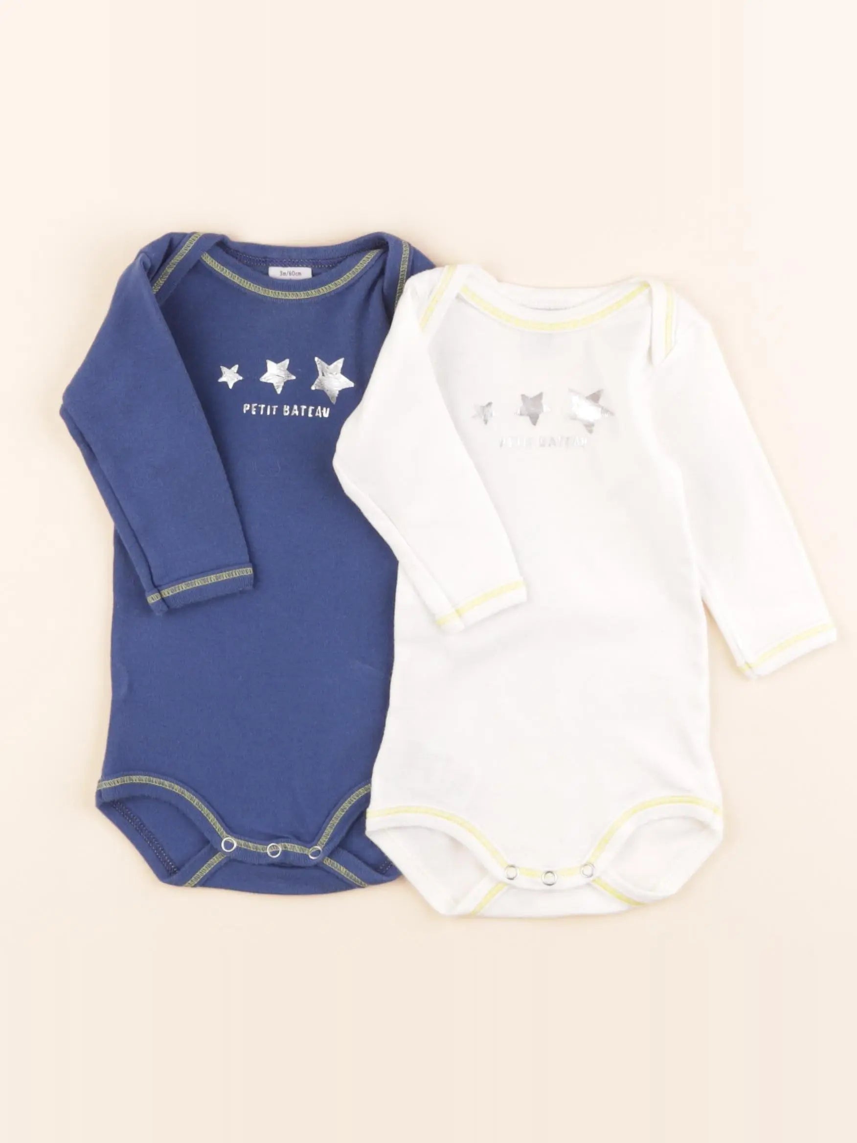 Petit Bateau - lot de 2 bodies en coton blanc, bleu - 3 mois
