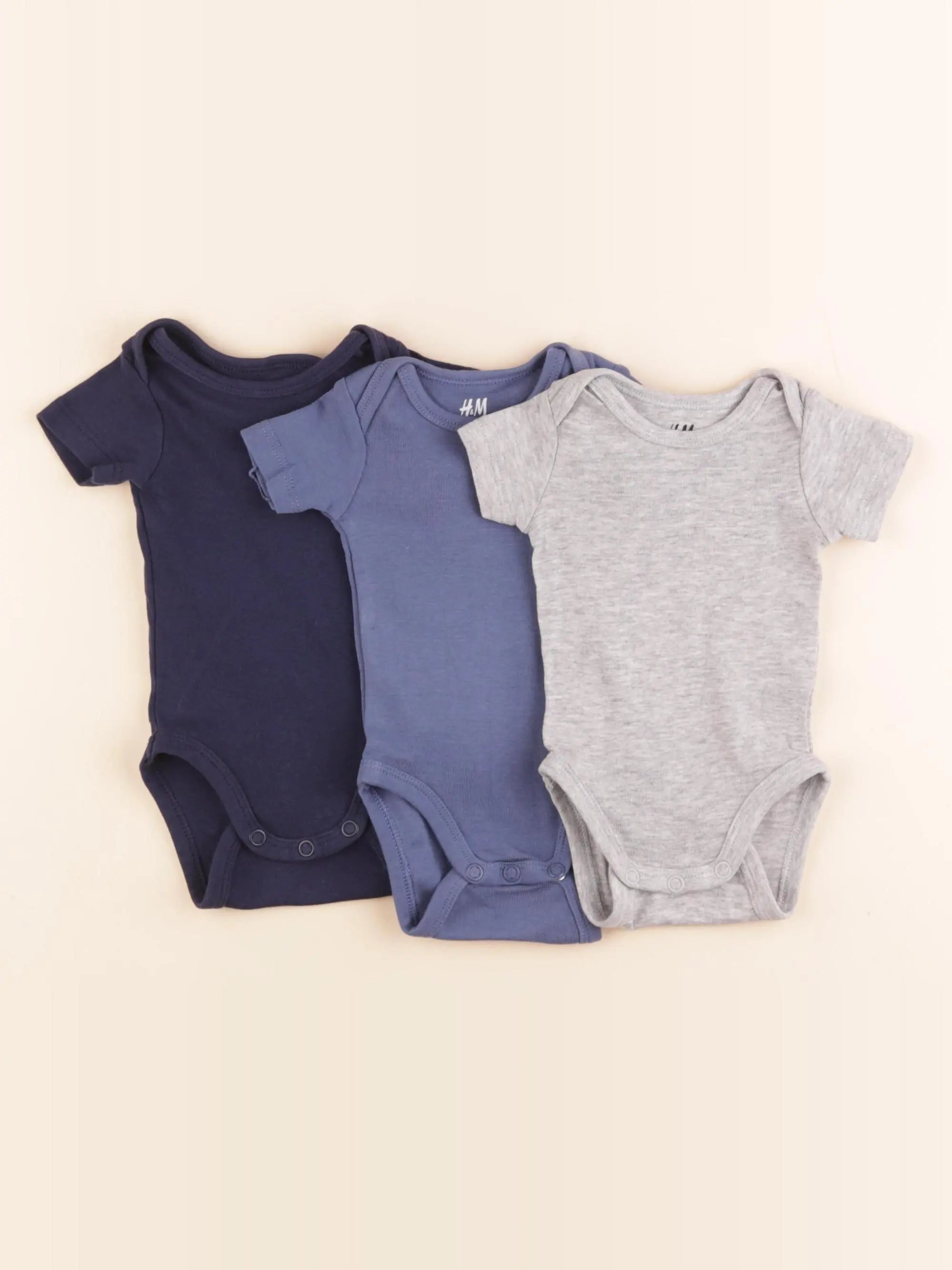 H&M - lot de 3 bodies en coton bleu, gris - 0/1 mois