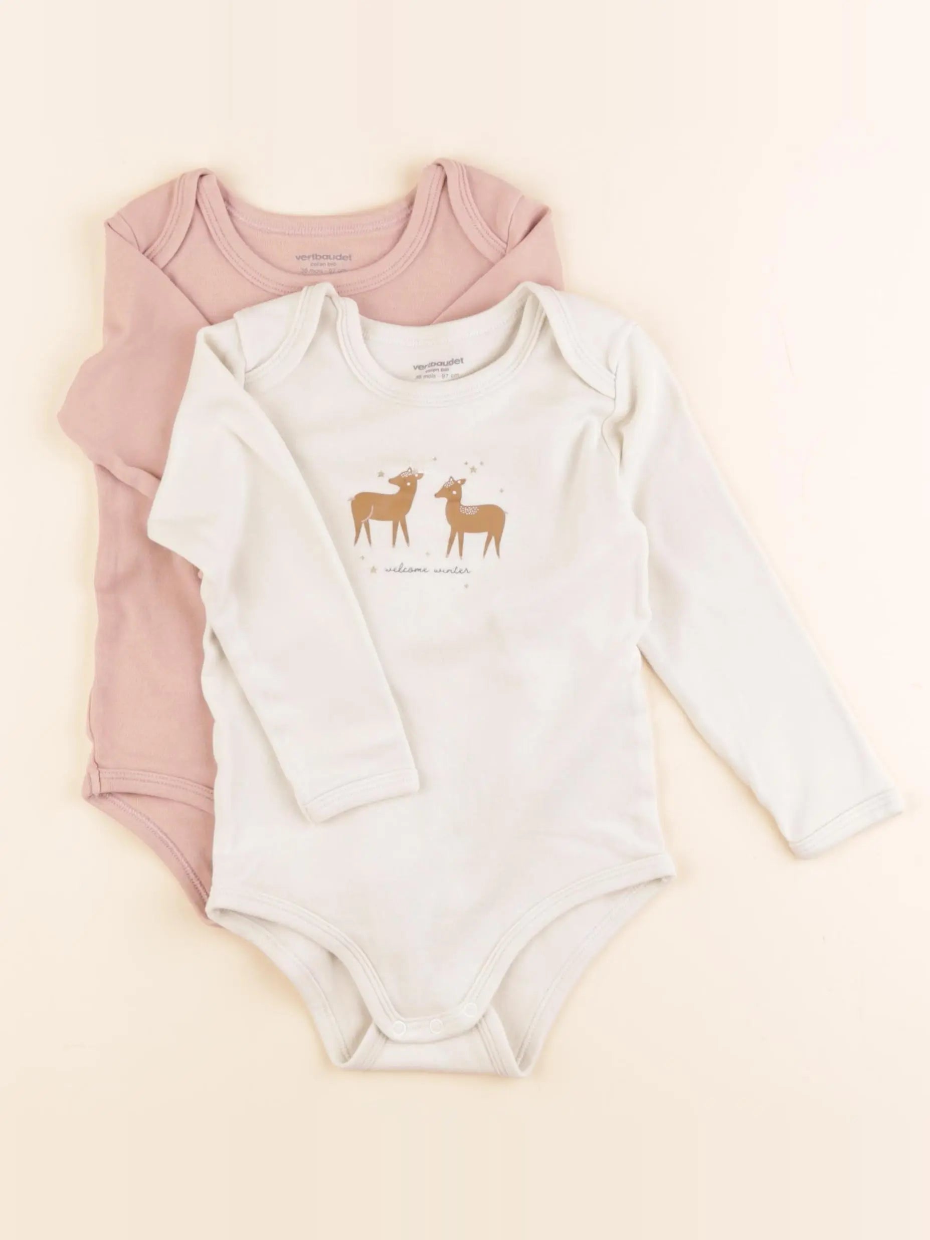 Vertbaudet - lot de 2 bodies en coton beige, rose - 36 mois
