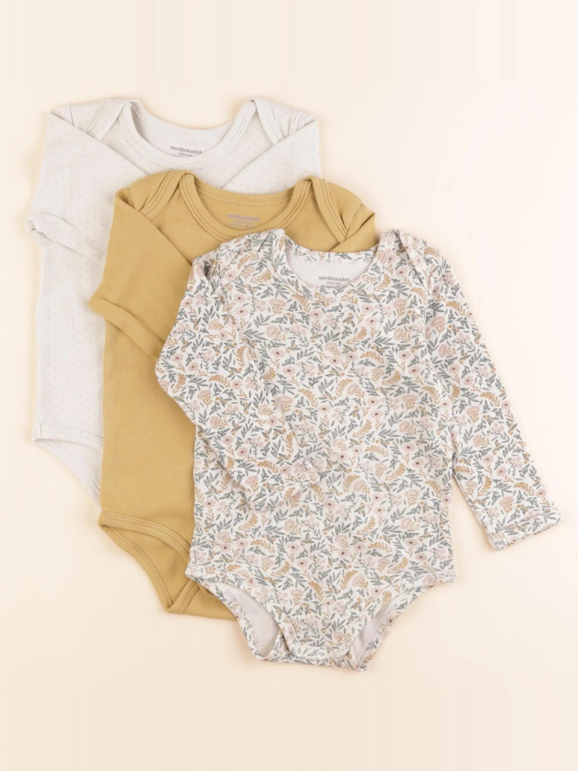 Vertbaudet - lot de 3 bodies en coton beige, jaune - 36 mois