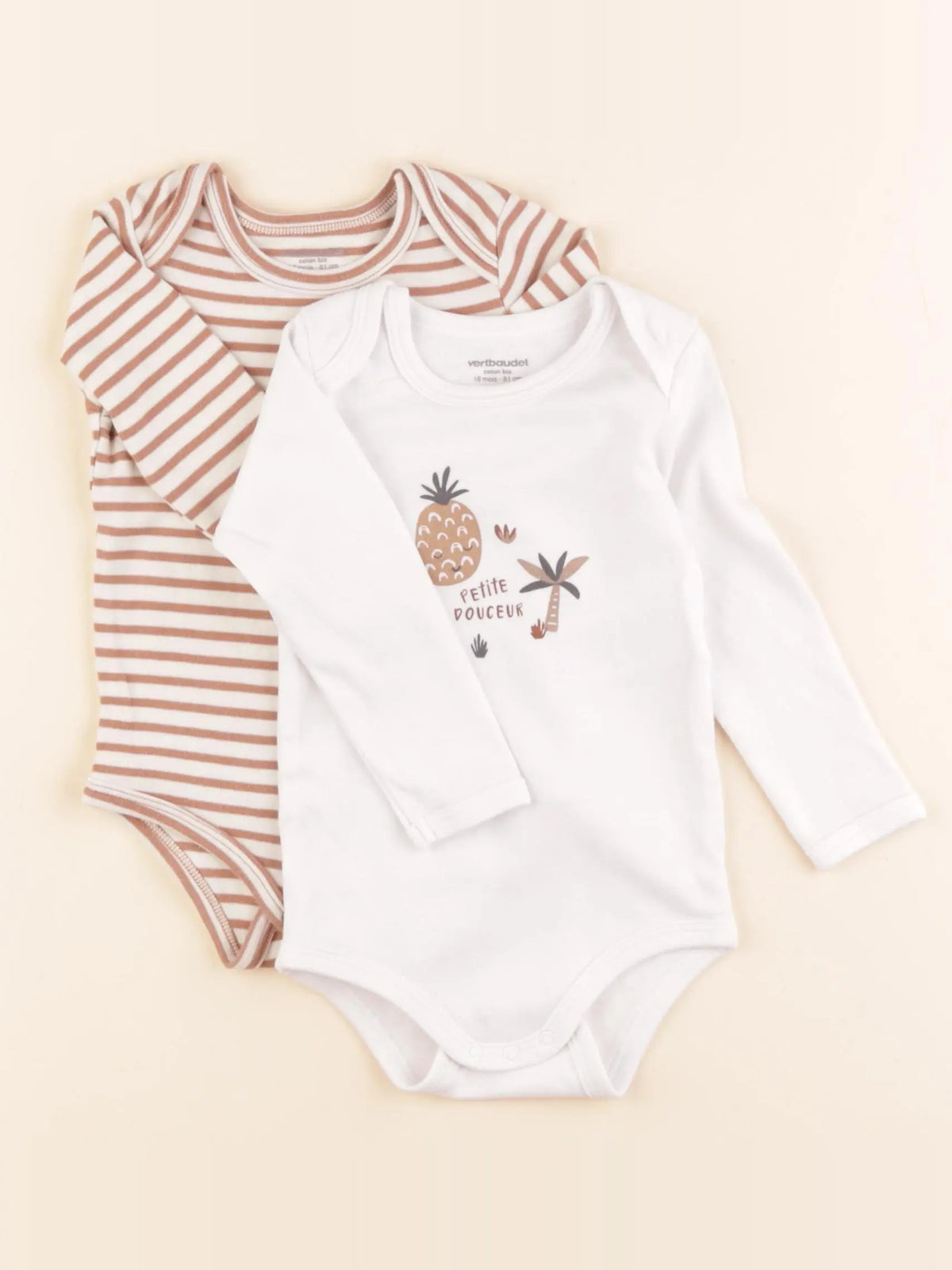 Vertbaudet - lot de 2 bodies en coton blanc, beige - 18 mois