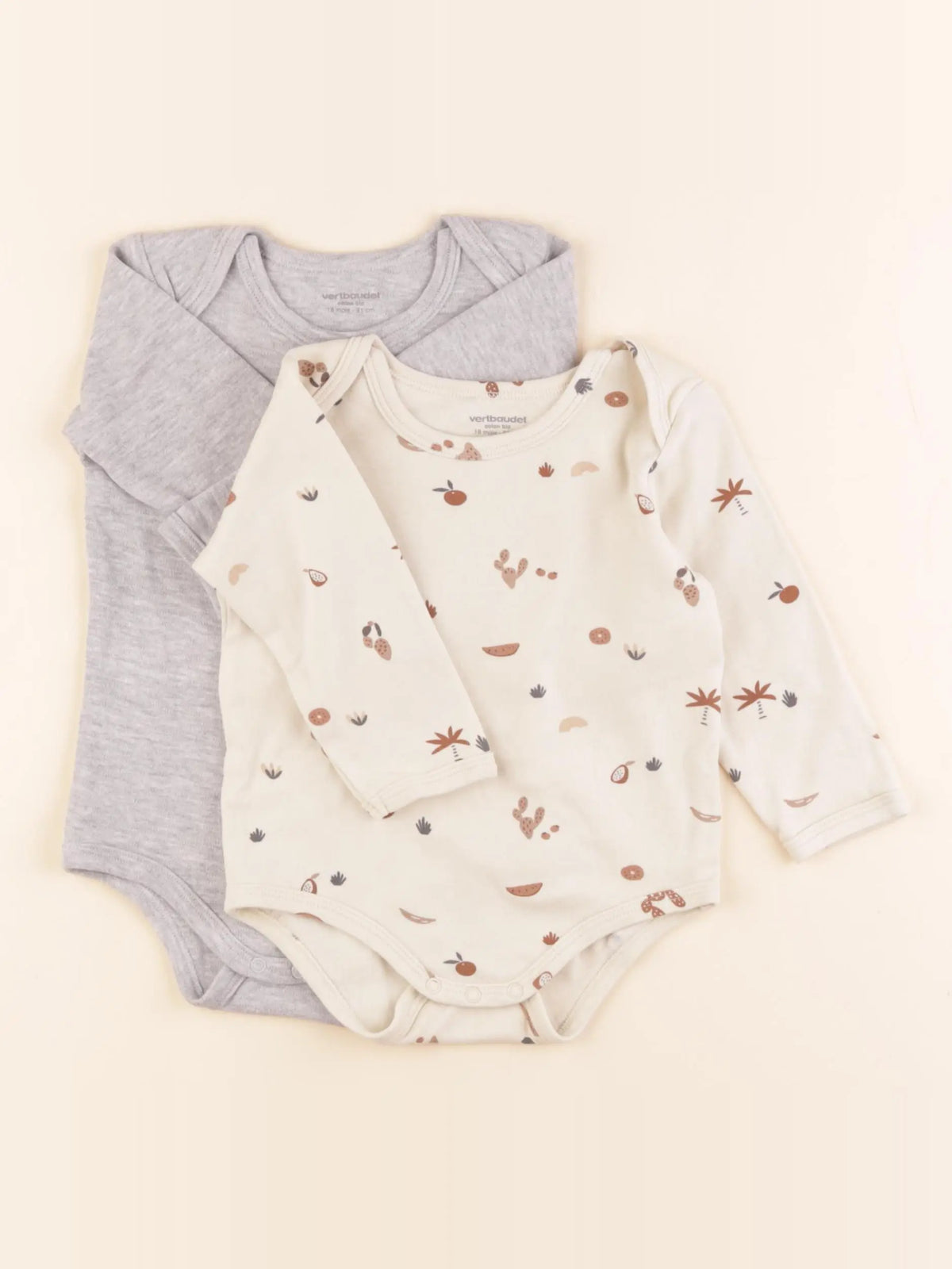 Vertbaudet - lot de 2 bodies en coton beige, gris - 18 mois