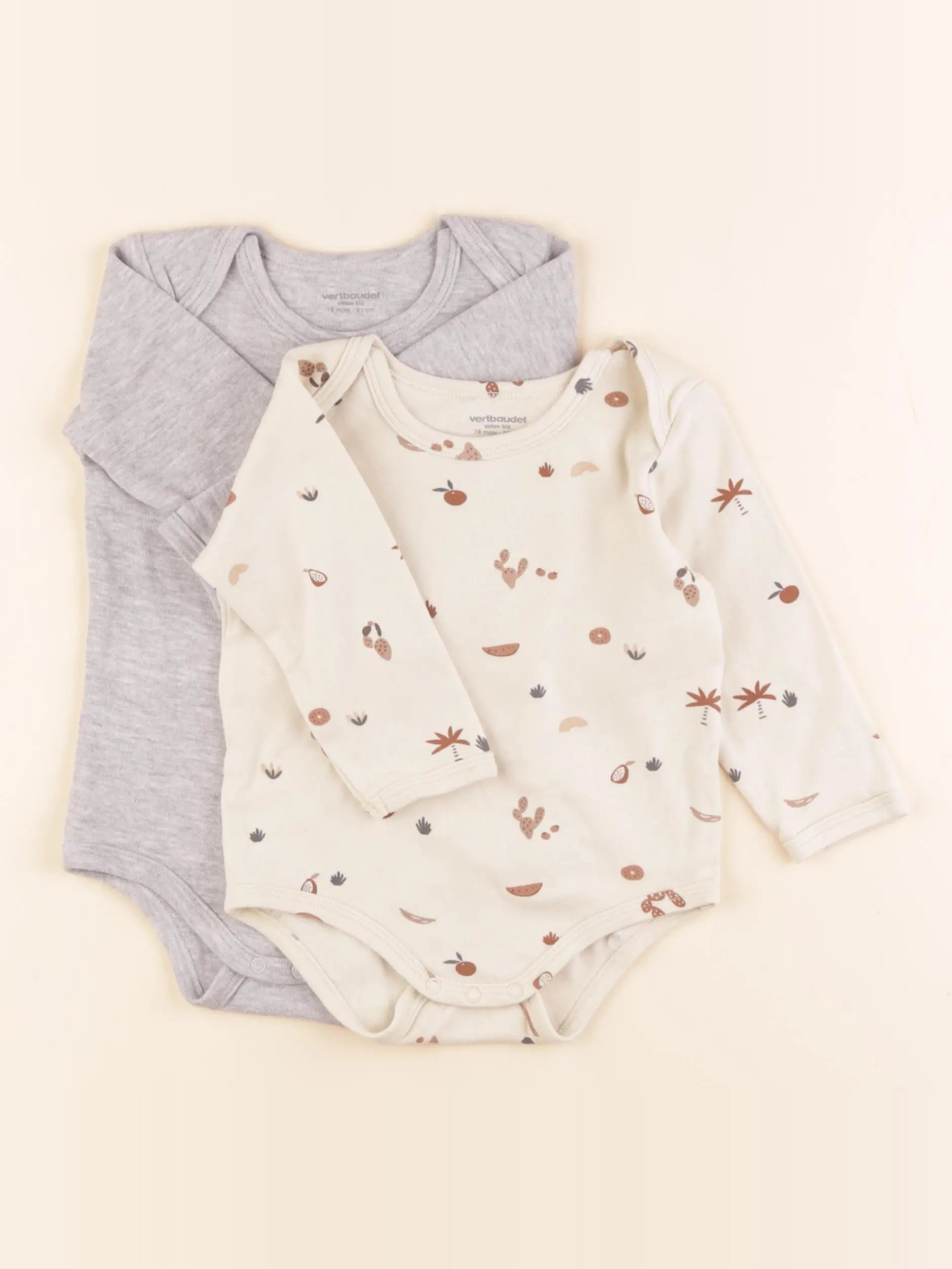 Vertbaudet - lot de 2 bodies en coton beige, gris - 18 mois