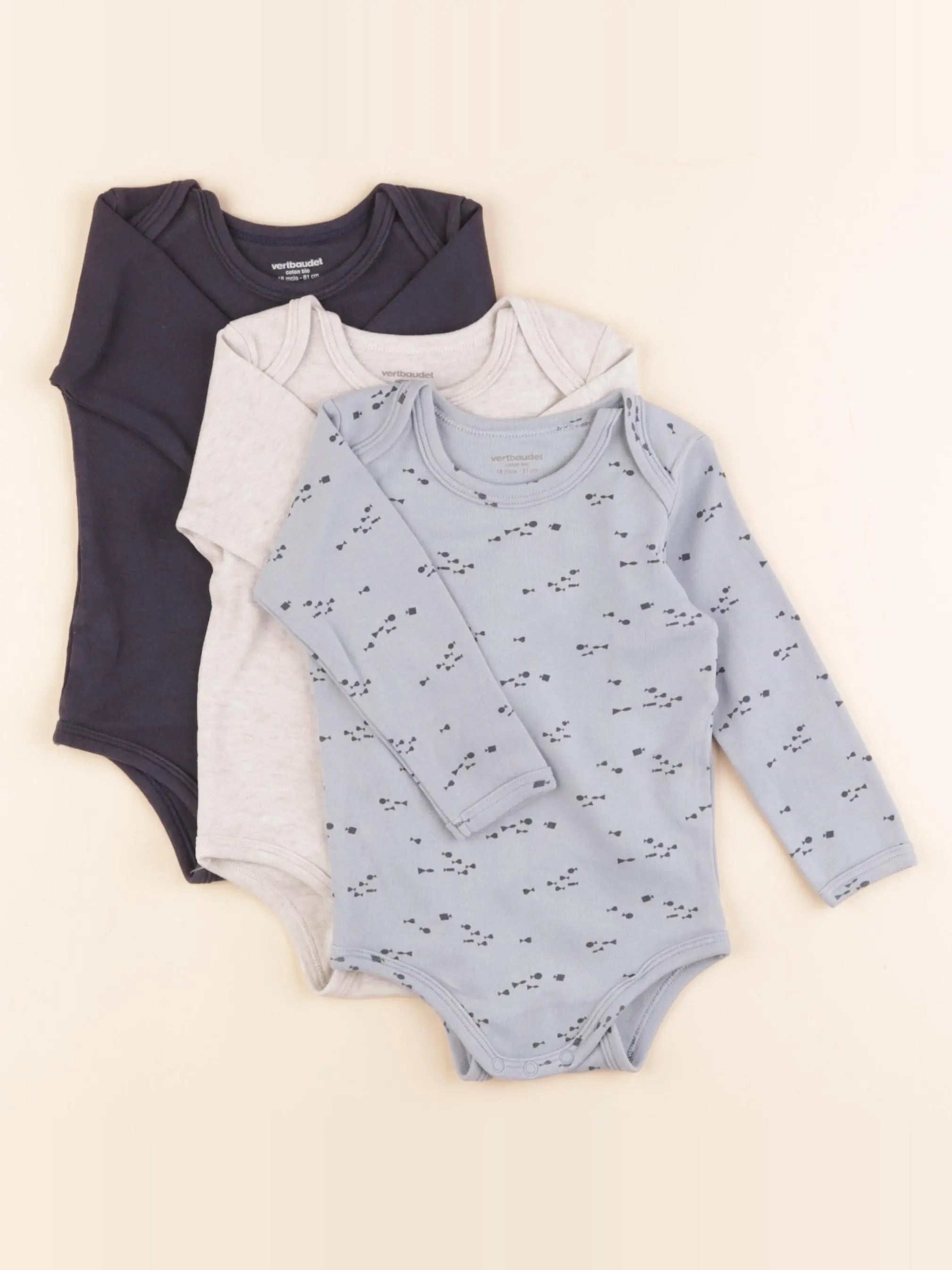 Vertbaudet - lot de 3 bodies en coton bleu, beige - 18 mois