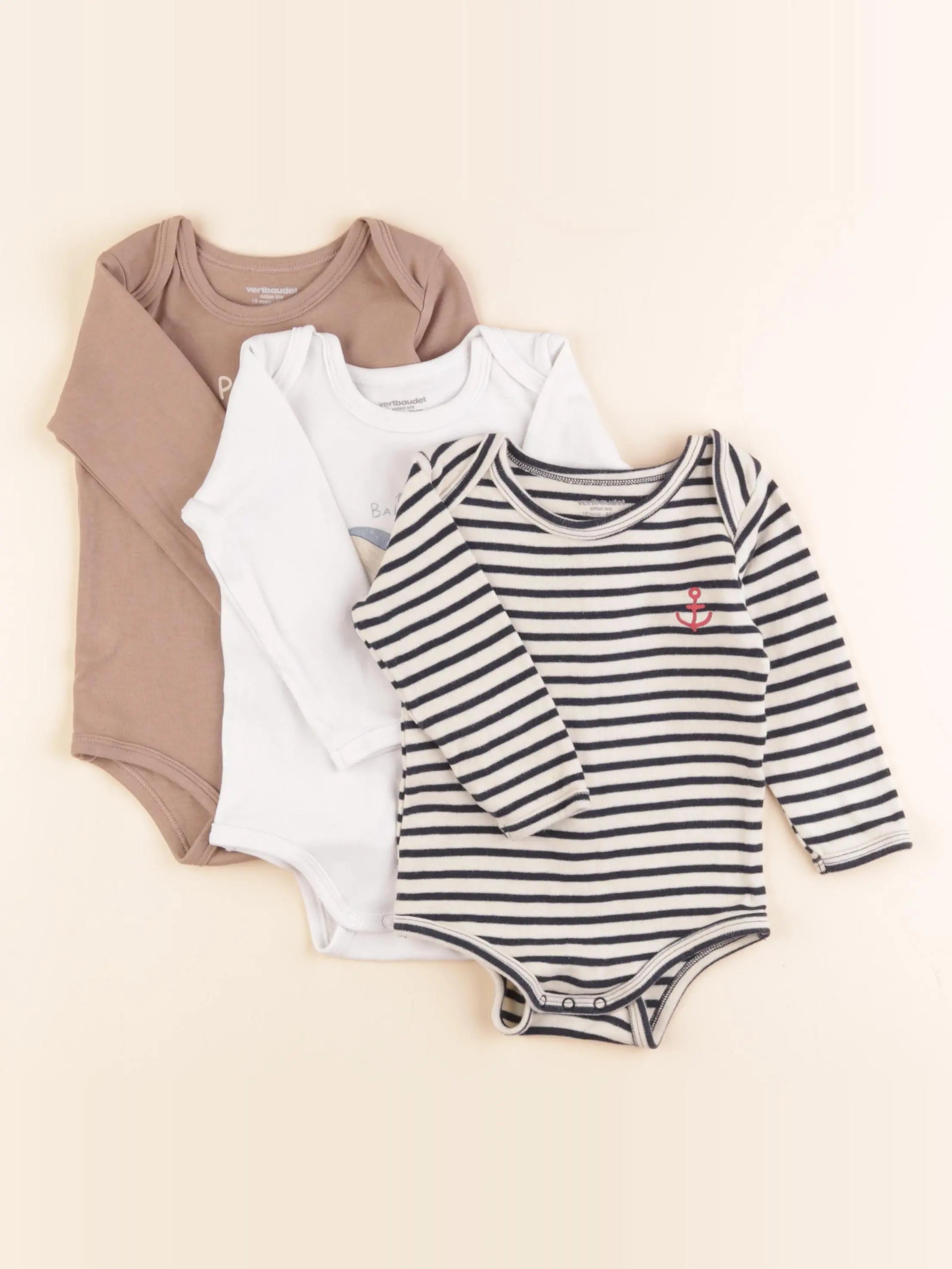 Vertbaudet - lot de 3 bodies en coton beige, blanc - 18 mois