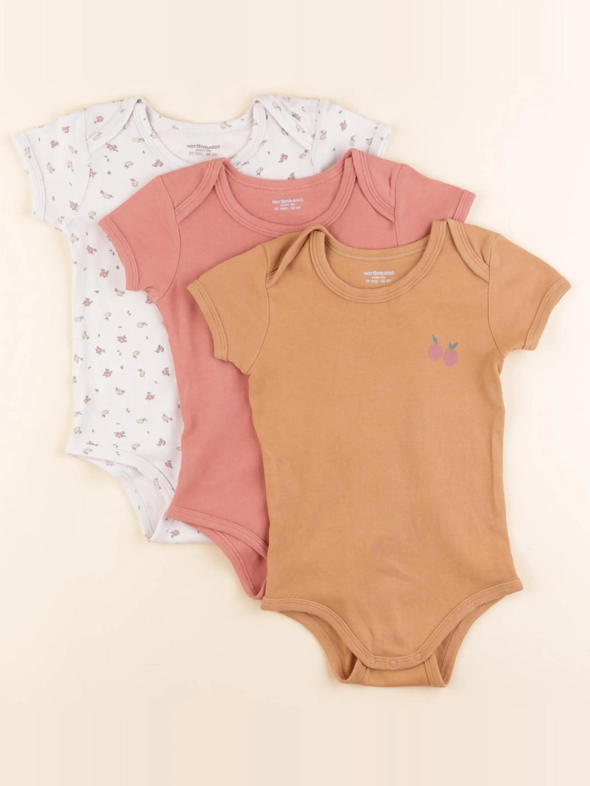 Vertbaudet - lot de 3 bodies en coton rose, marron - 24 mois