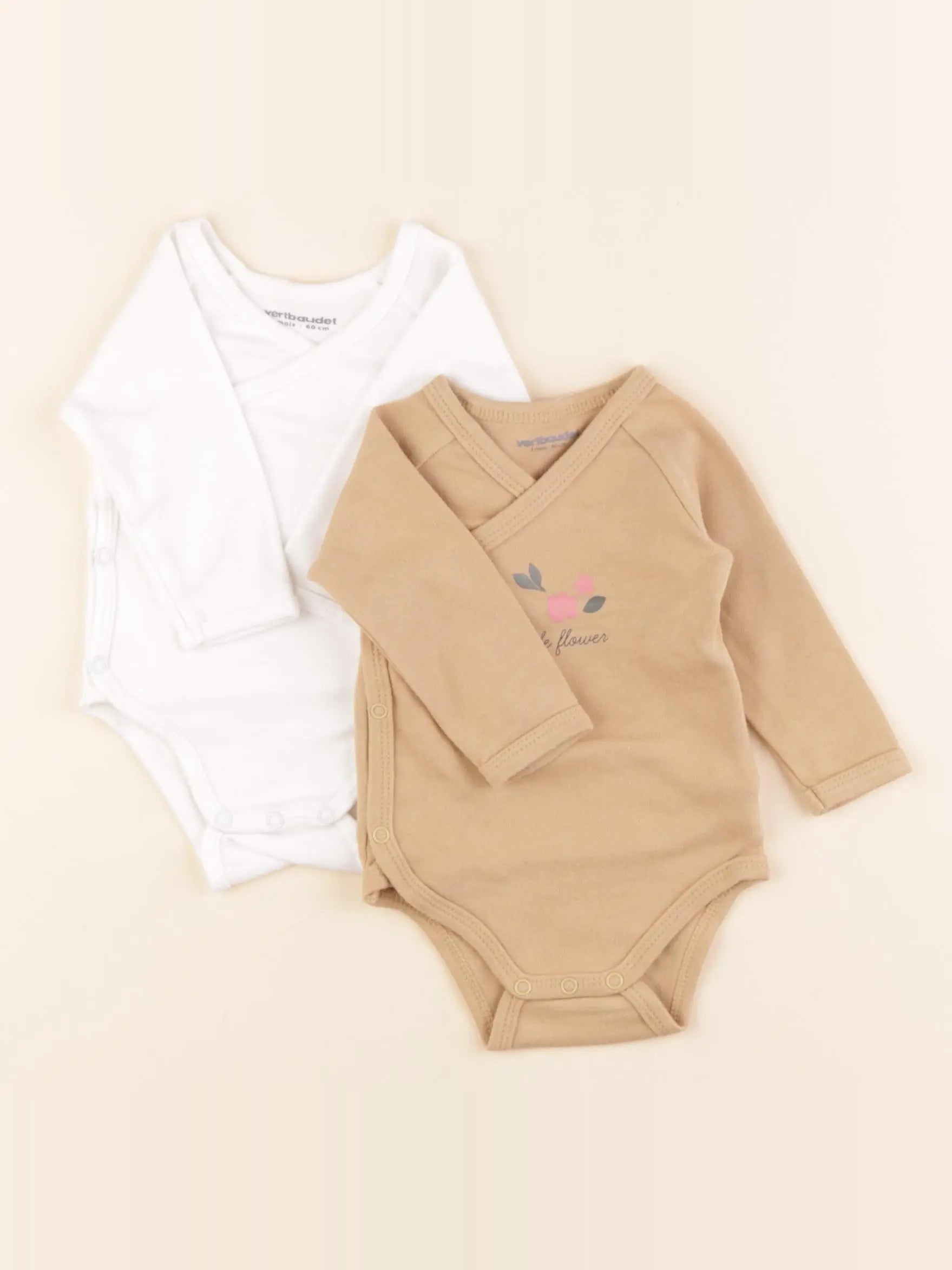 Vertbaudet - lot de 2 bodies en coton blanc, marron - 3 mois