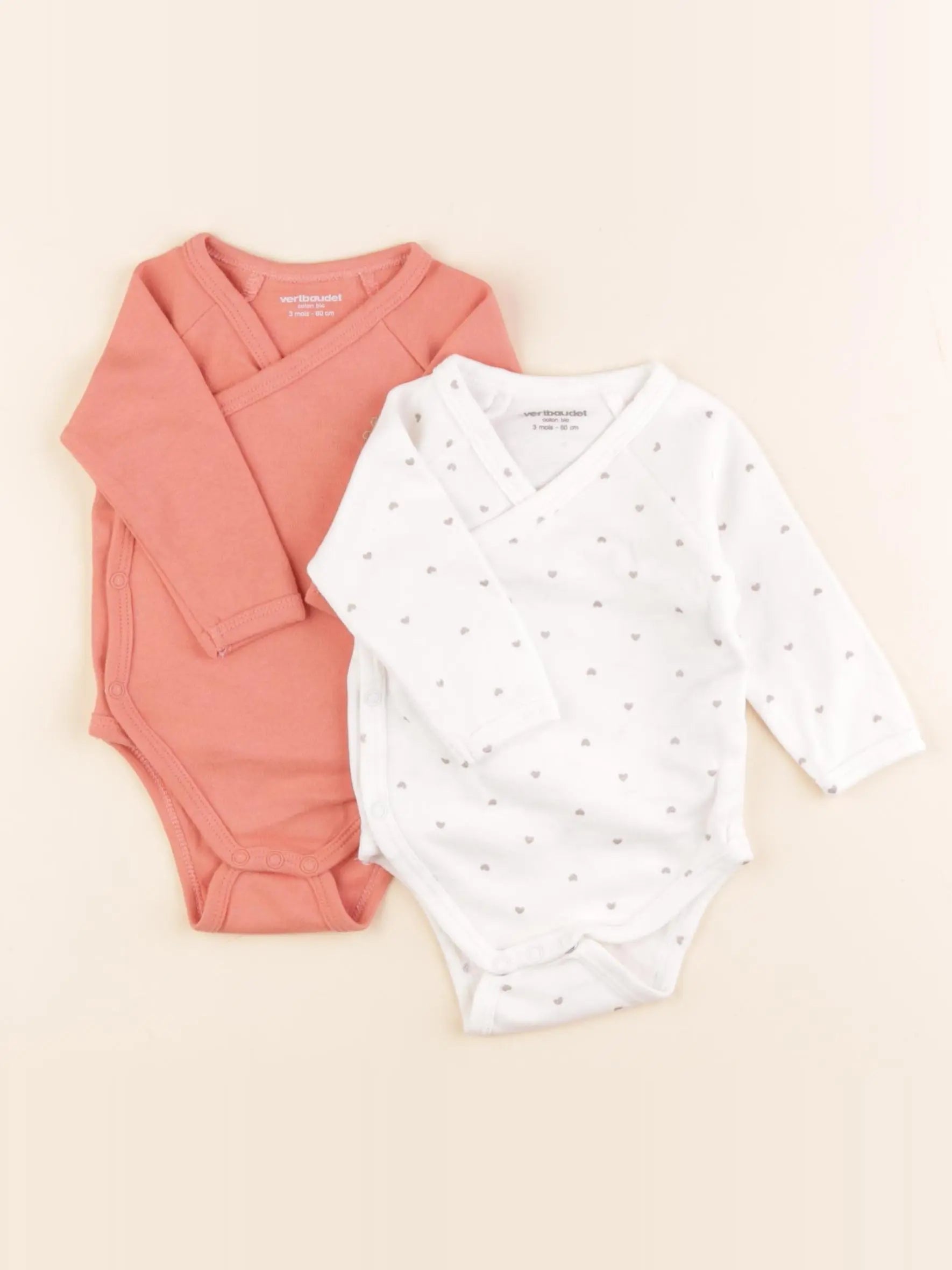 Vertbaudet - lot de 2 bodies en coton blanc, orange - 3 mois