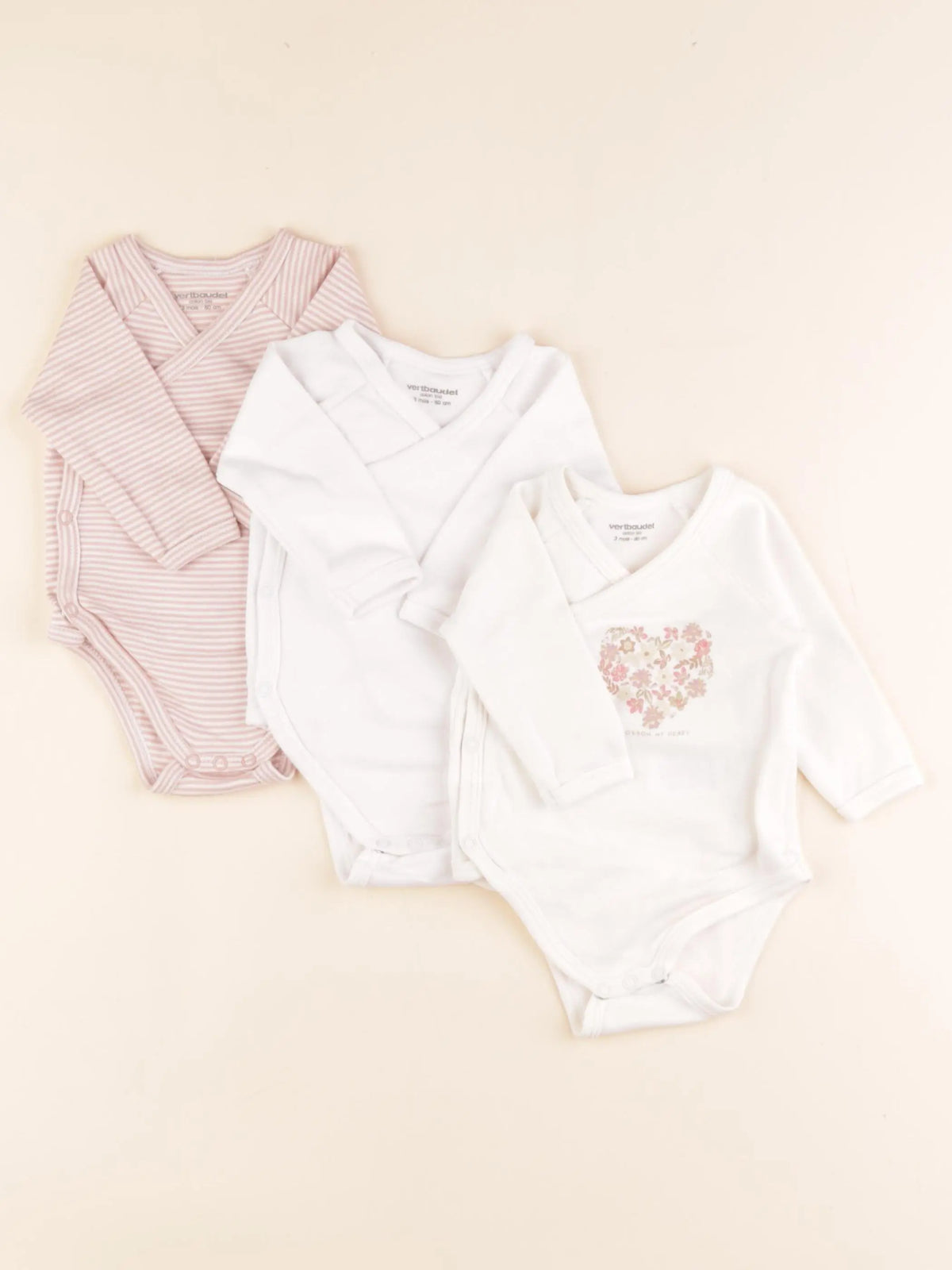 Vertbaudet - lot de 3 bodies en coton blanc, rose, beige - 3 mois