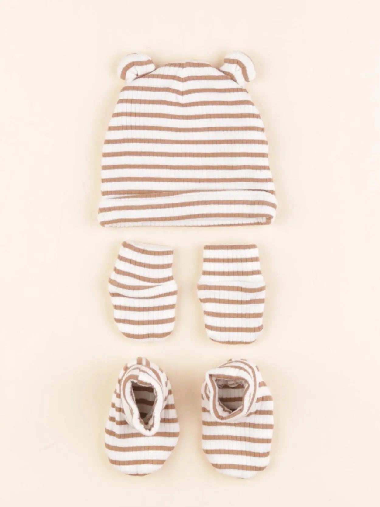 Vertbaudet - ensemble bonnet/moufles/chaussons blanc, marron - 0/1 mois