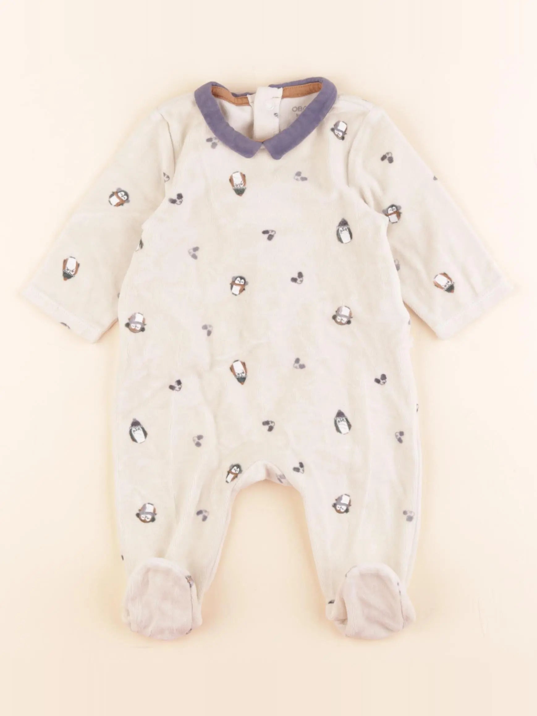 Obaïbi - pyjama velours beige, bleu - 3 mois