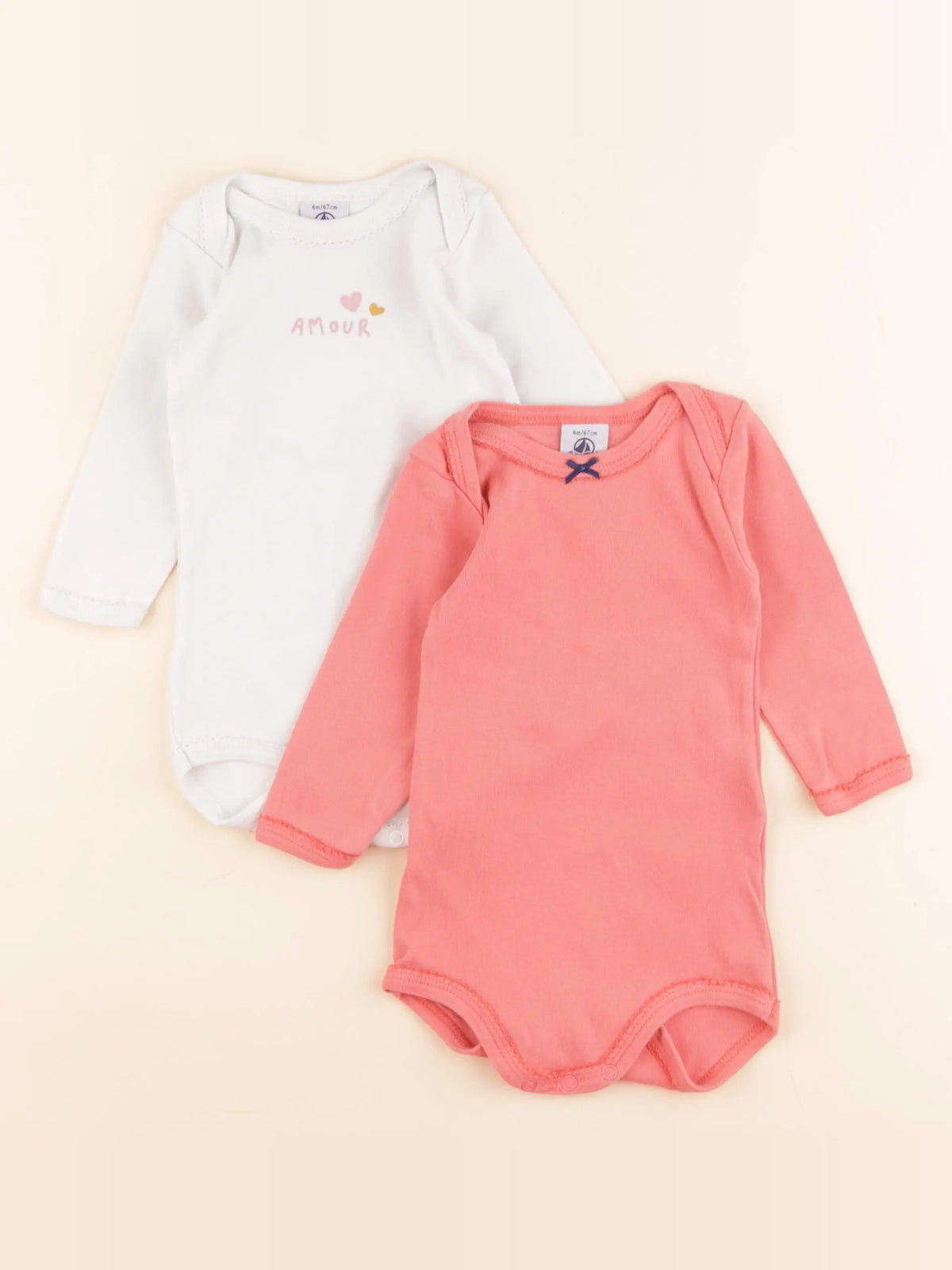 Petit Bateau - lot de 2 bodies en coton blanc, rose - 6 mois