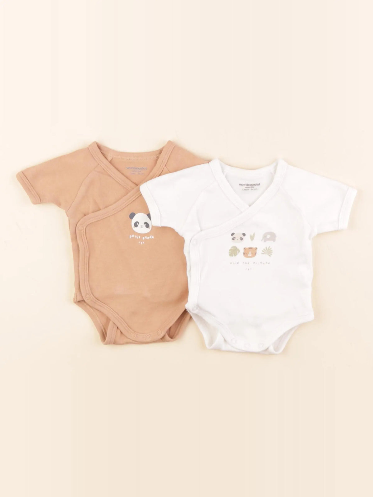 Vertbaudet - lot de 2 bodies en coton blanc, marron - 1 mois