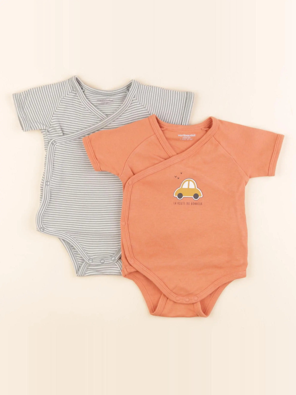 Vertbaudet - lot de 2 bodies en coton orange, gris - 6 mois