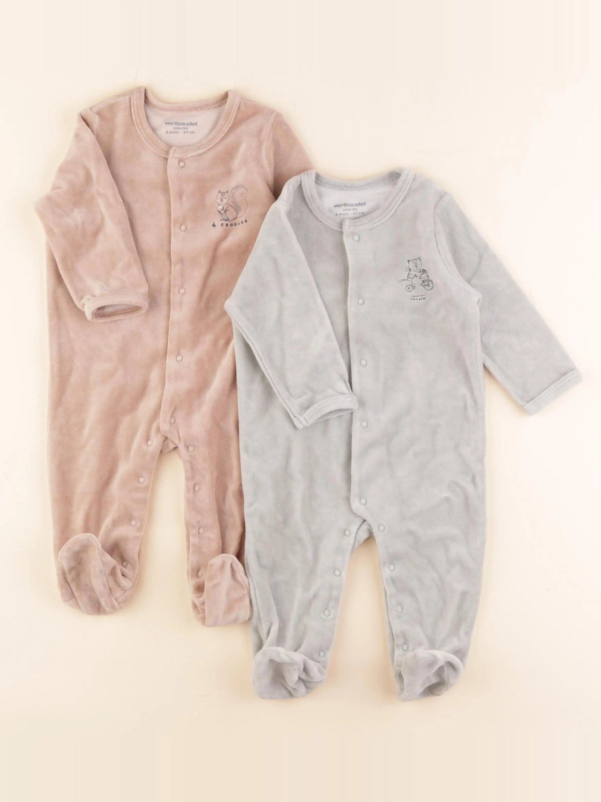 Vertbaudet - lot de 2 pyjamas velours marron, vert - 6 mois