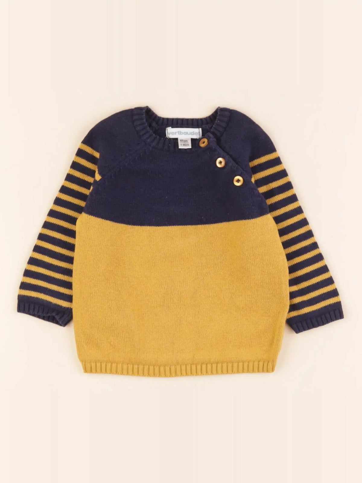 Vertbaudet - pull bleu, jaune - 6 mois