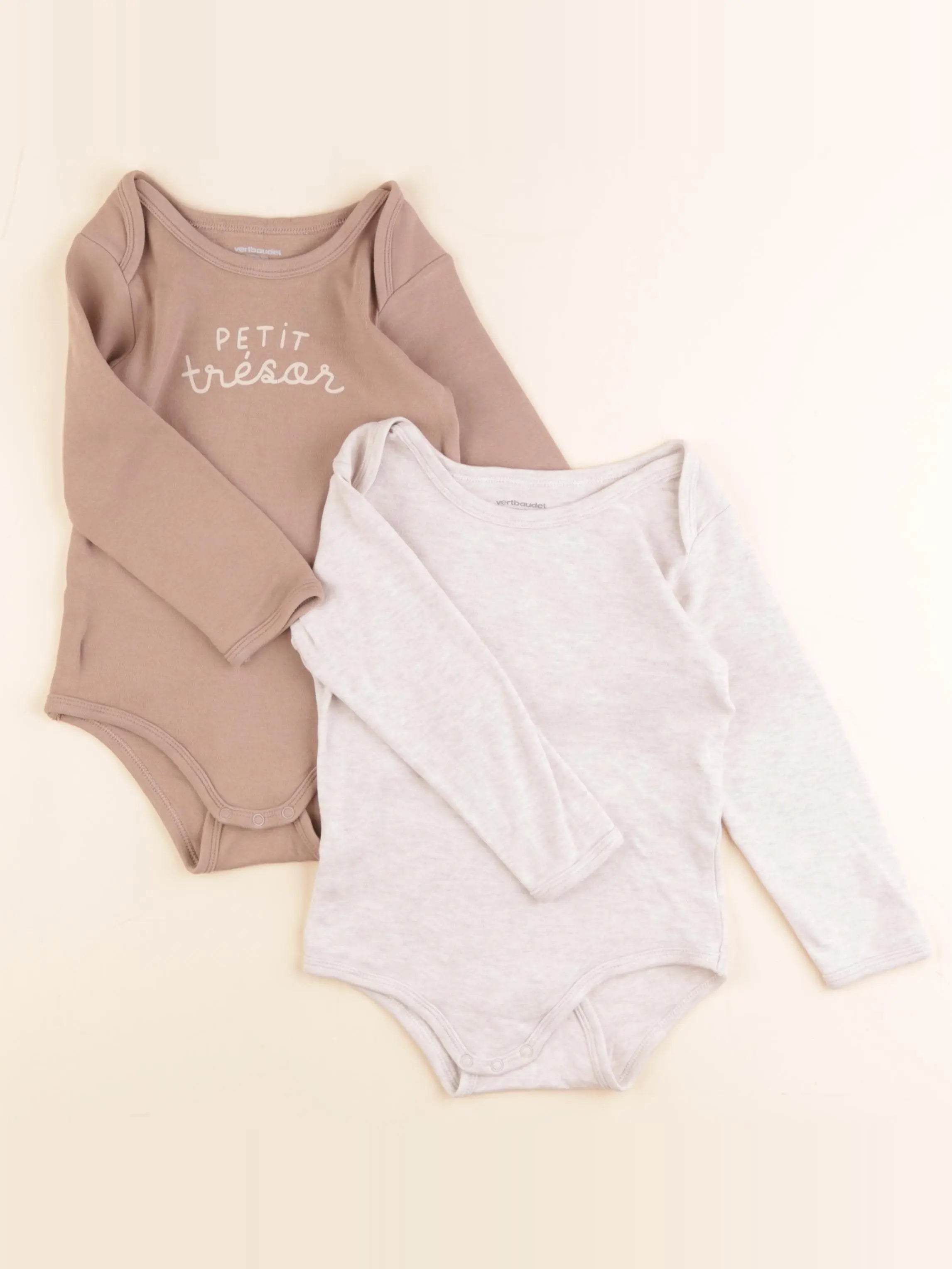Vertbaudet - lot de 2 bodies en coton beige, marron - 3 ans