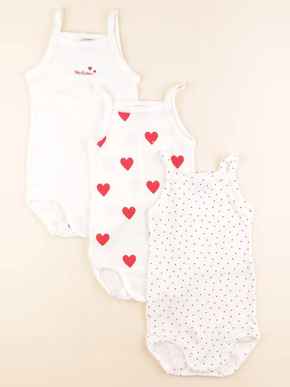 Petit Bateau - lot de 3 bodies en coton beige, rouge - 4 ans