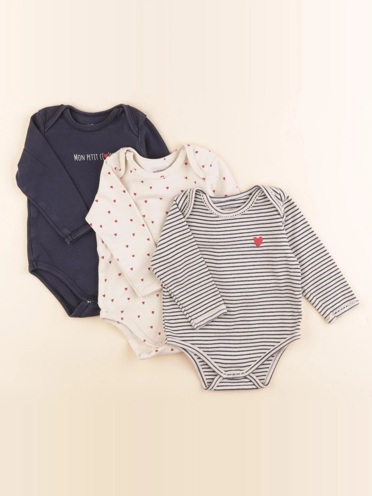 Vertbaudet - lot de 3 bodies en coton beige, bleu - 12 mois