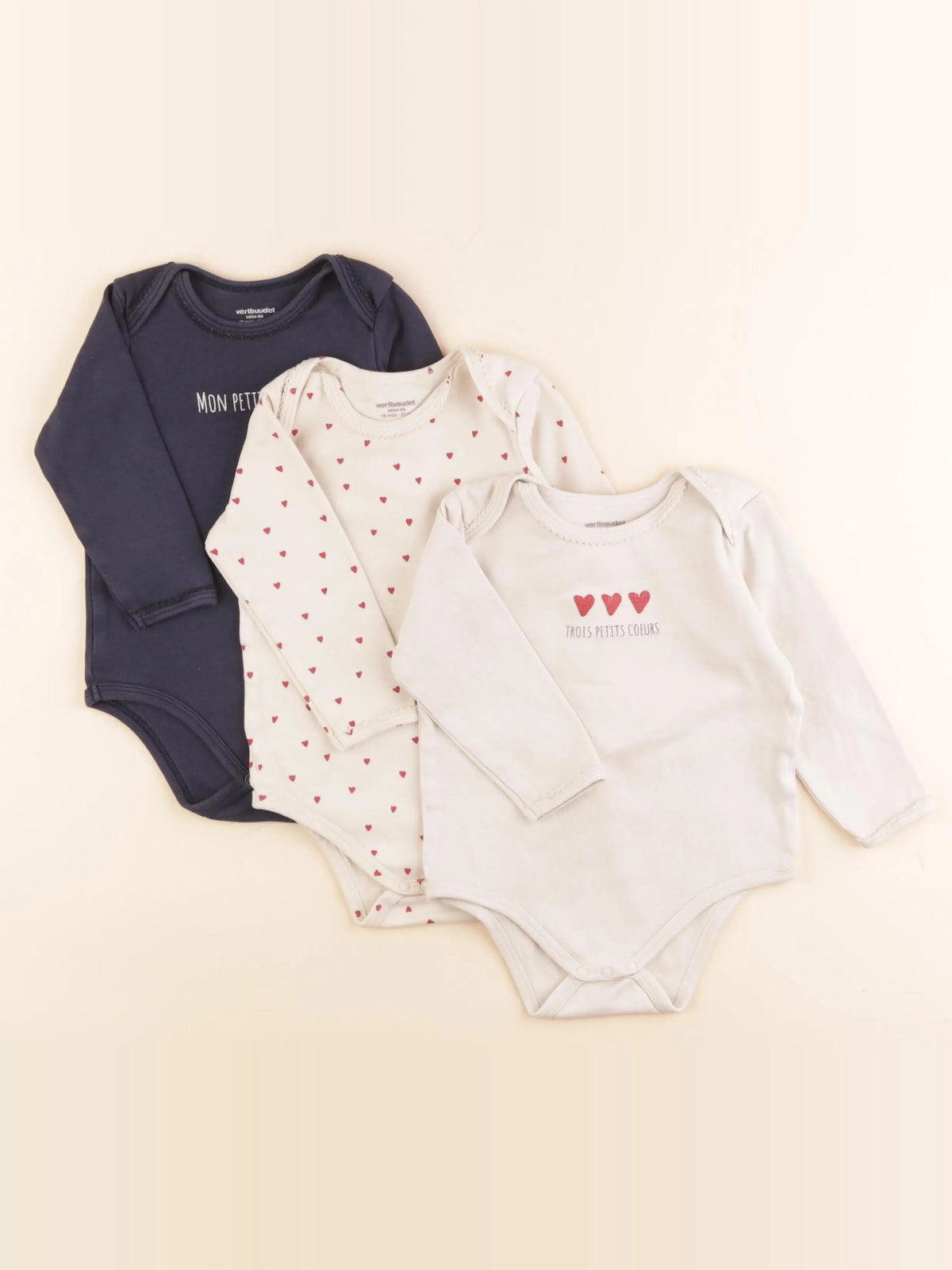Vertbaudet - lot de 3 bodies en coton beige, bleu, rouge - 18 mois