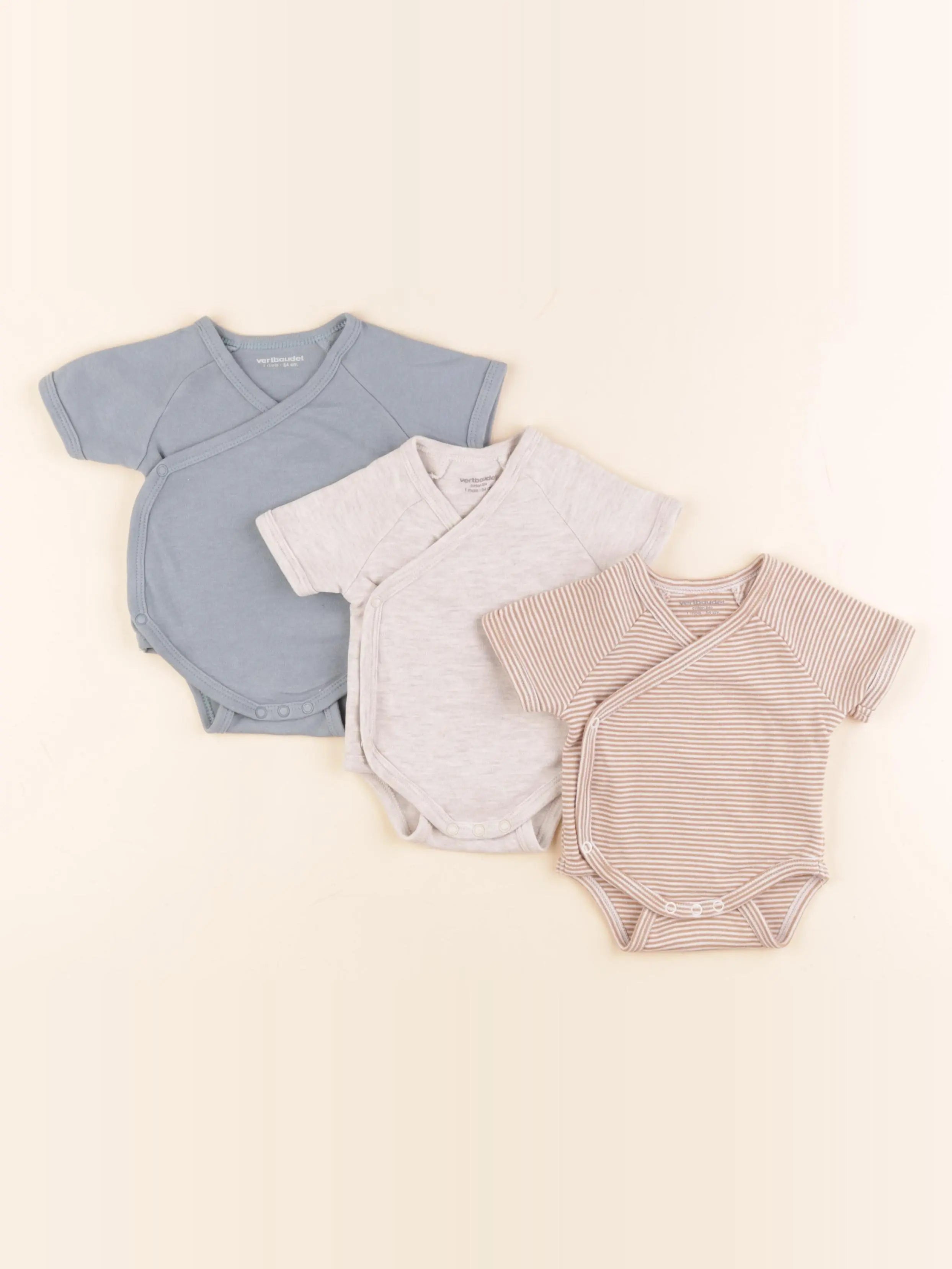 Vertbaudet - lot de 3 bodies en coton beige, bleu - 1 mois
