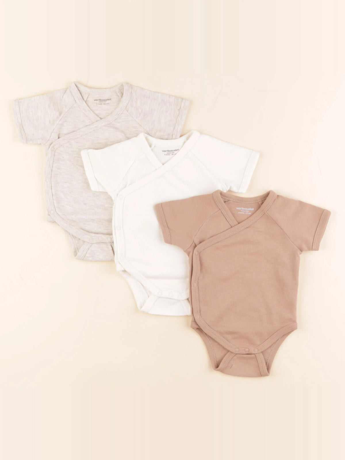 Vertbaudet - lot de 3 bodies en coton coton marron, beige - 3 mois