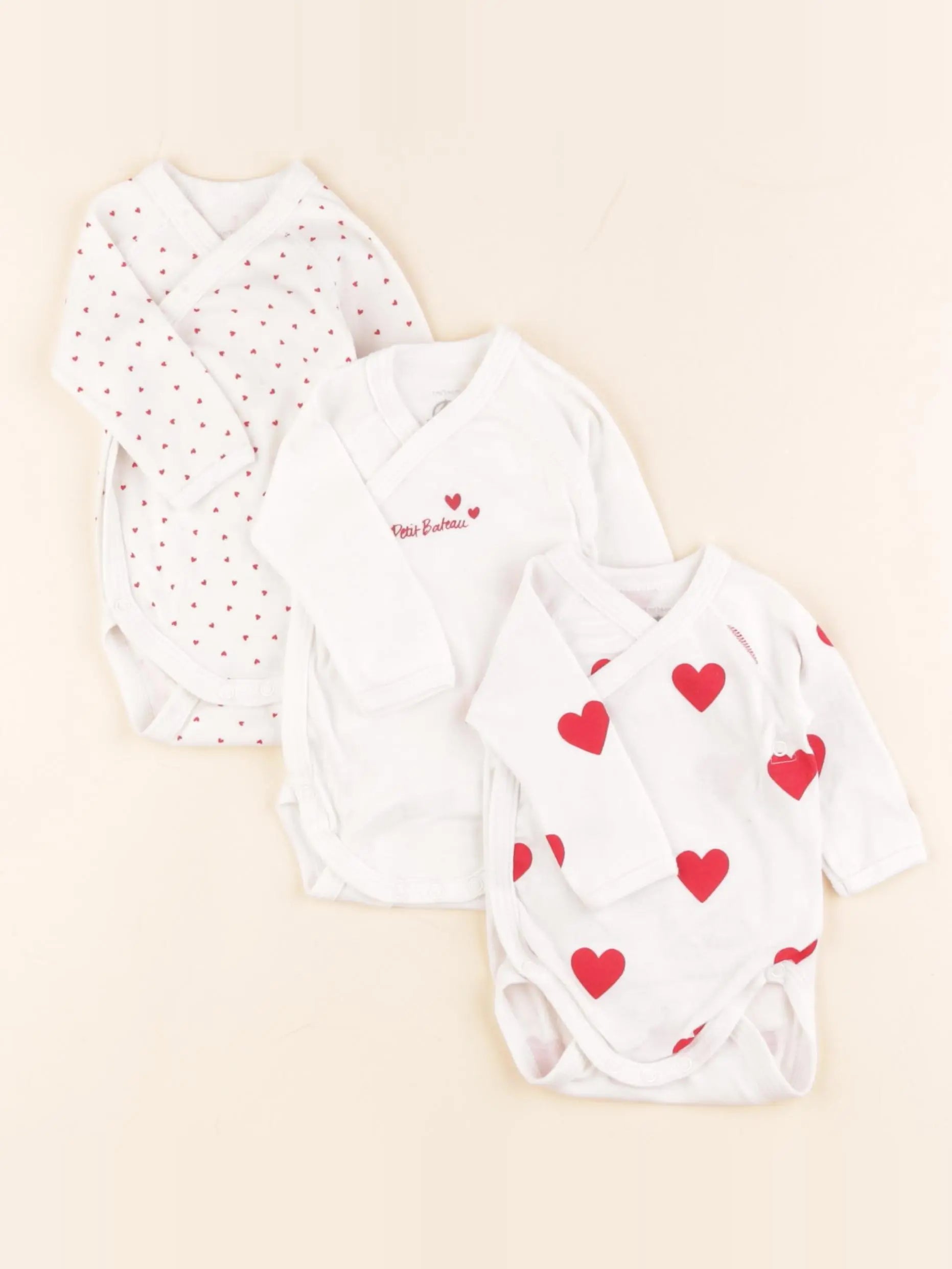 Petit Bateau - lot de 3 bodies en coton blanc, rouge - 1 mois