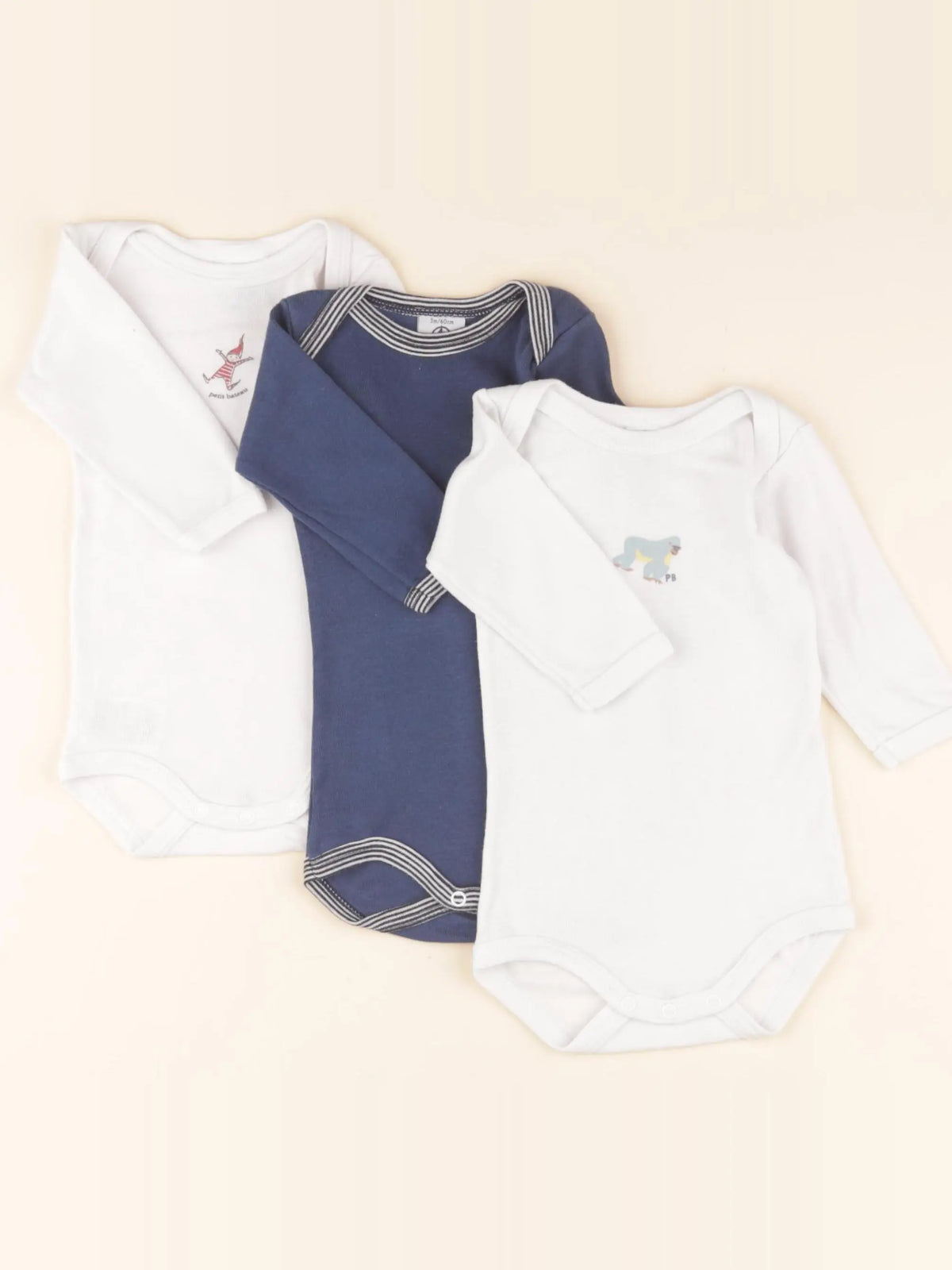 Lot de 3 bodies en coton bleu, blanc