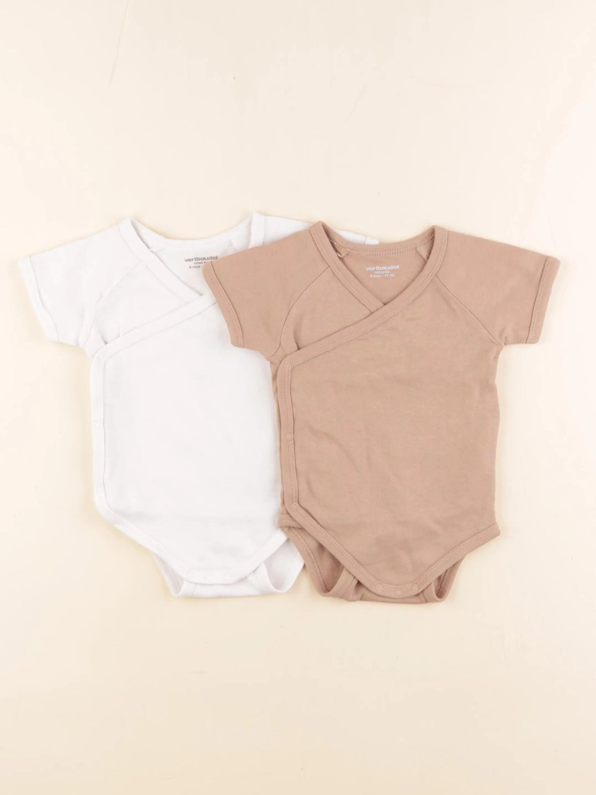Vertbaudet - lot de 2 bodies en coton marron, beige - 9 mois