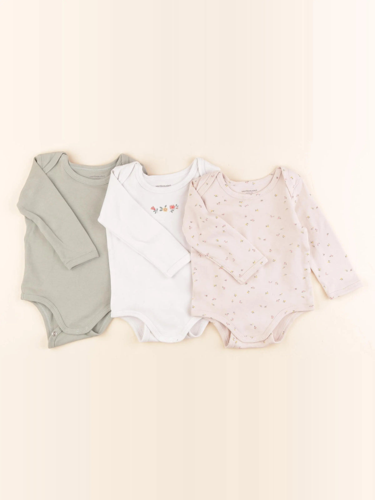 Vertbaudet - lot de 3 bodies en coton vert, rose - 12 mois
