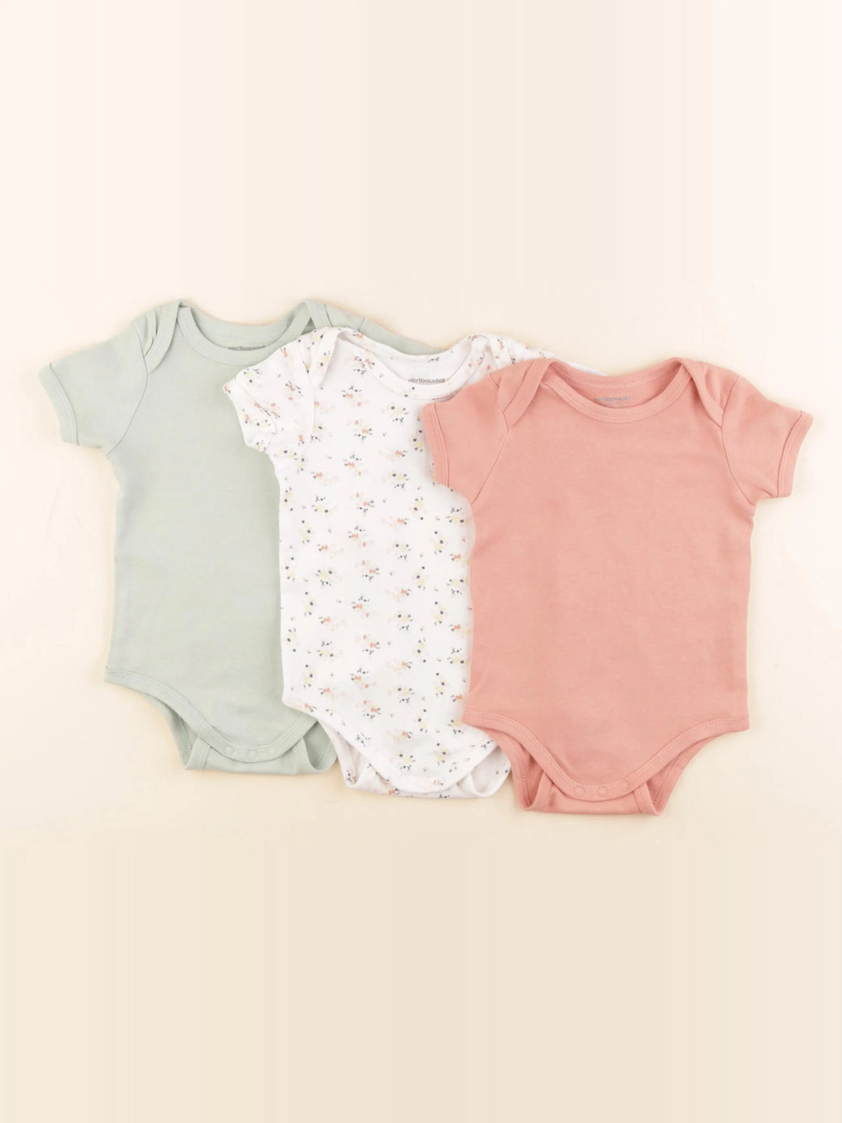 Vertbaudet - lot de 3 bodies en coton rose, vert - 12 mois