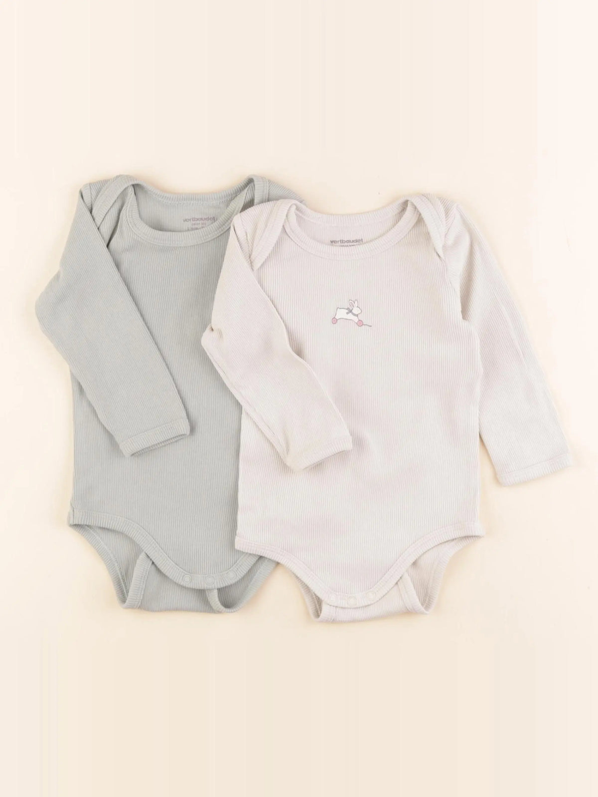 Vertbaudet - lot de 2 bodies en coton beige, vert - 9 mois