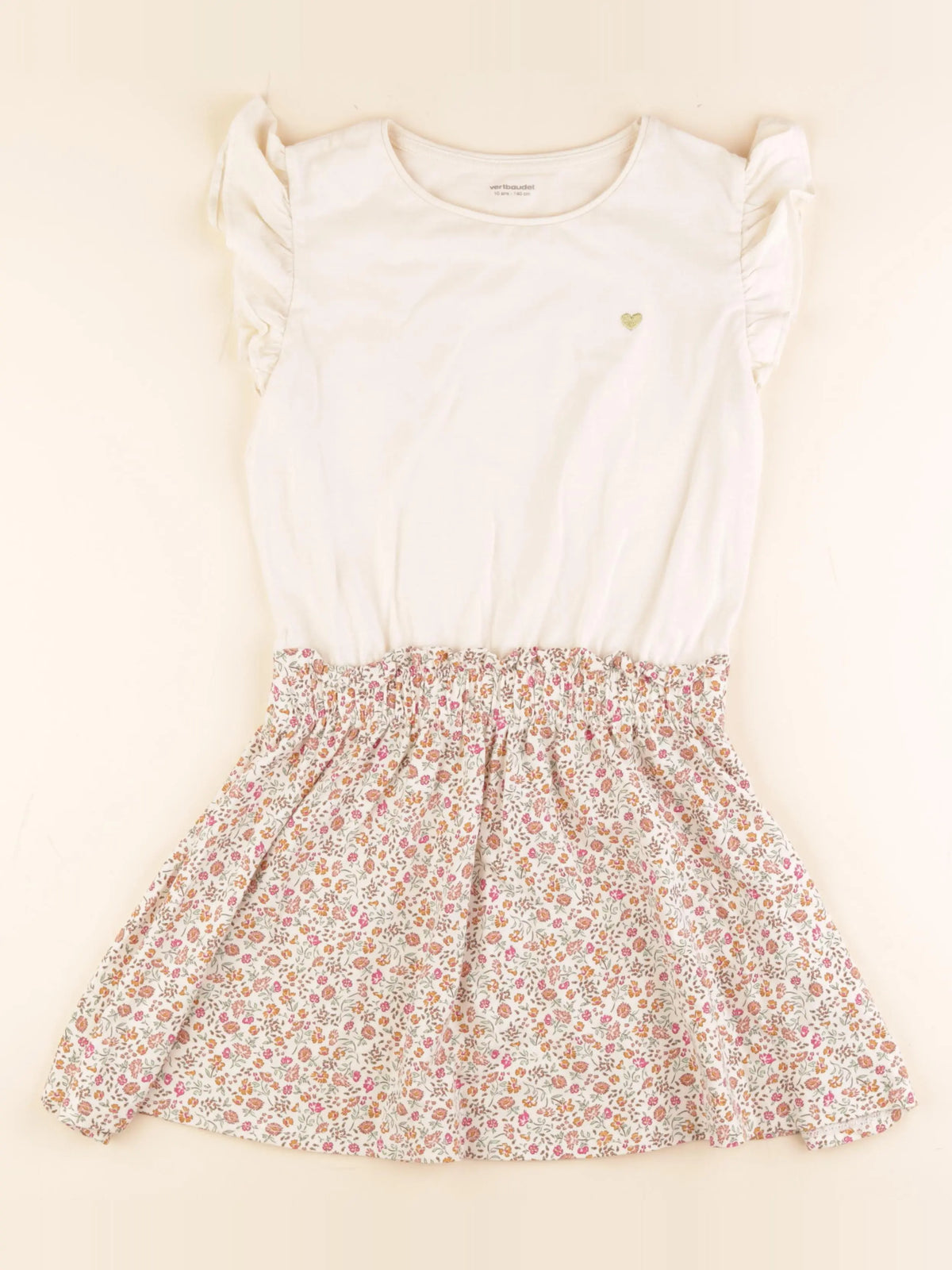 Vertbaudet - robe coton beige, rose, or - 10 ans