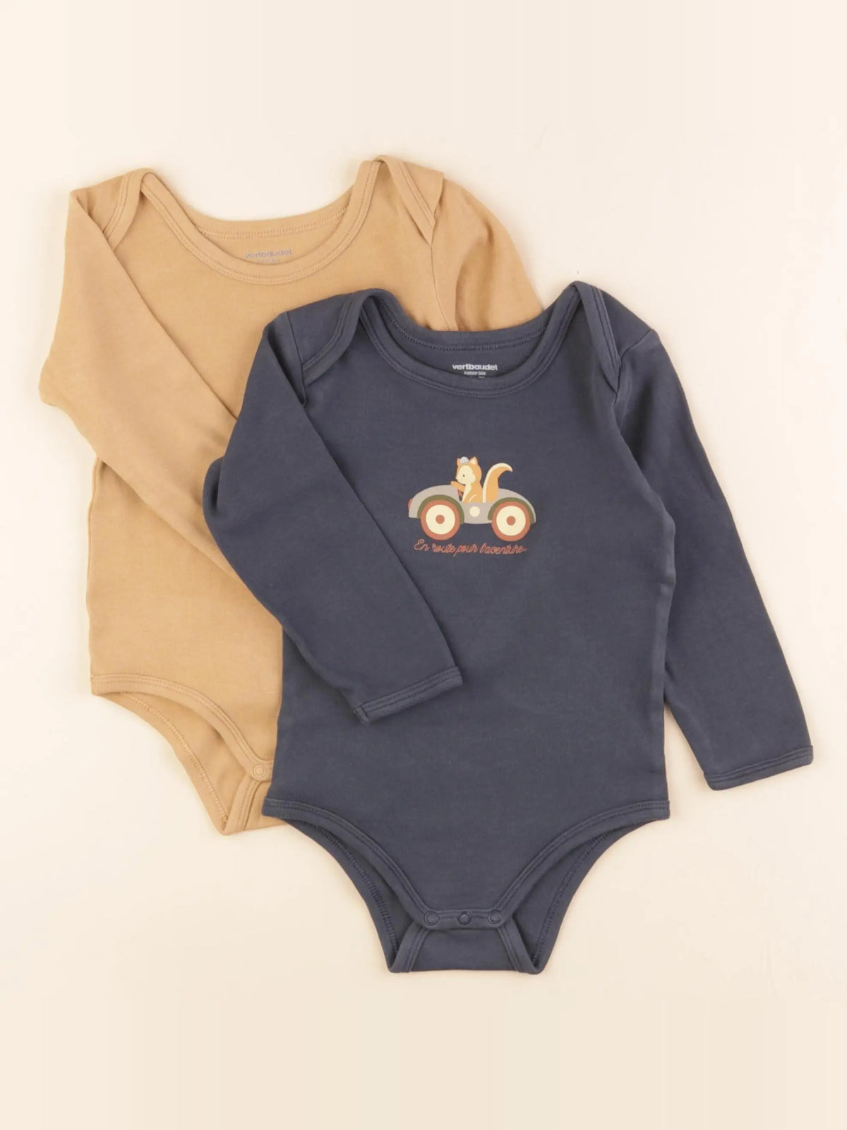 Vertbaudet - lot de 2 bodies en coton bleu, marron - 24 mois