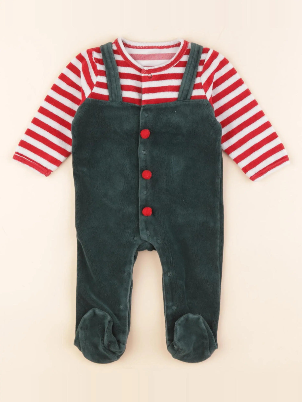Vertbaudet - pyjama velours vert, rouge - 3/6 mois