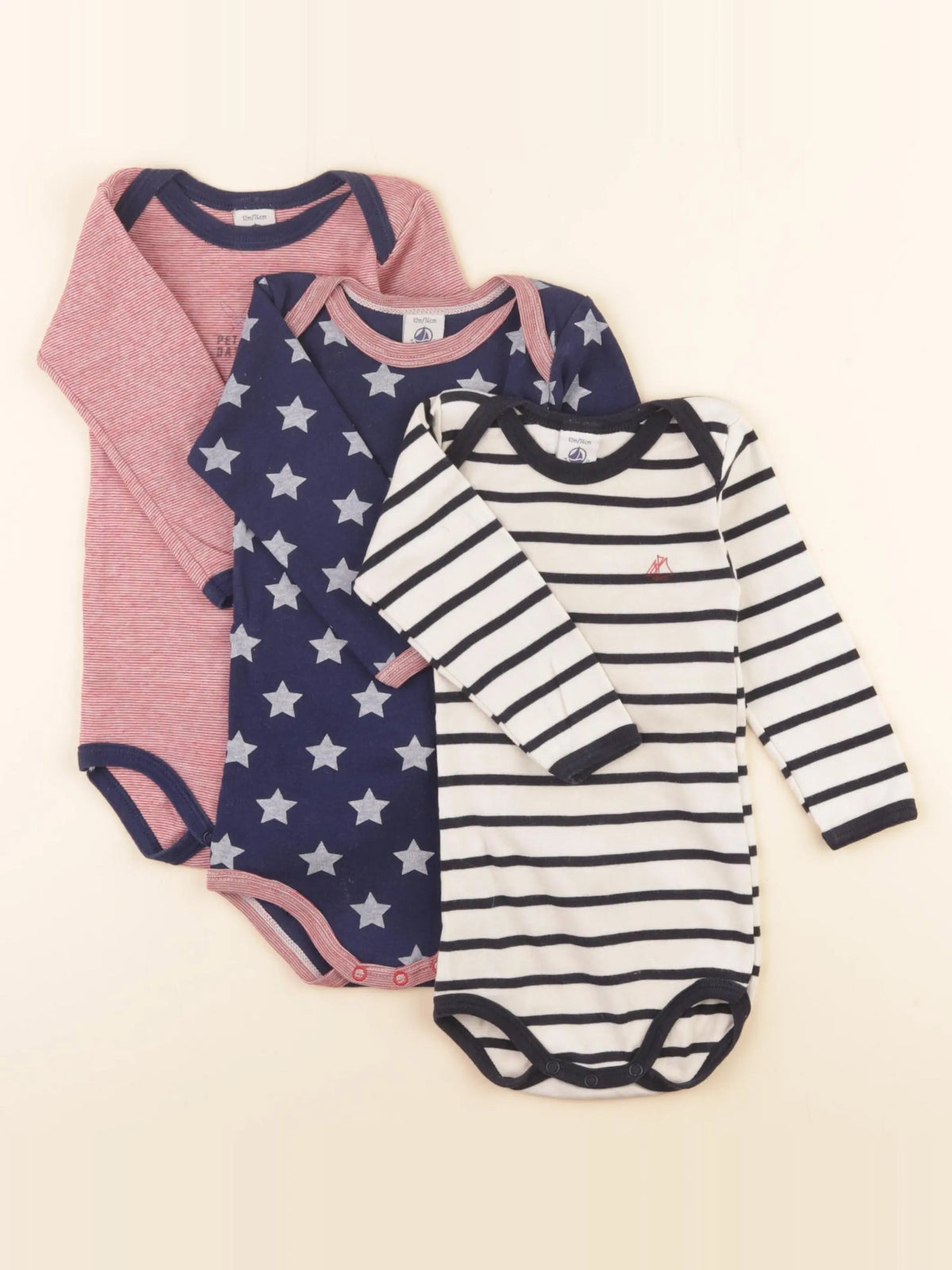 Petit Bateau - lot de 3 bodies en coton multicolore - 12 mois