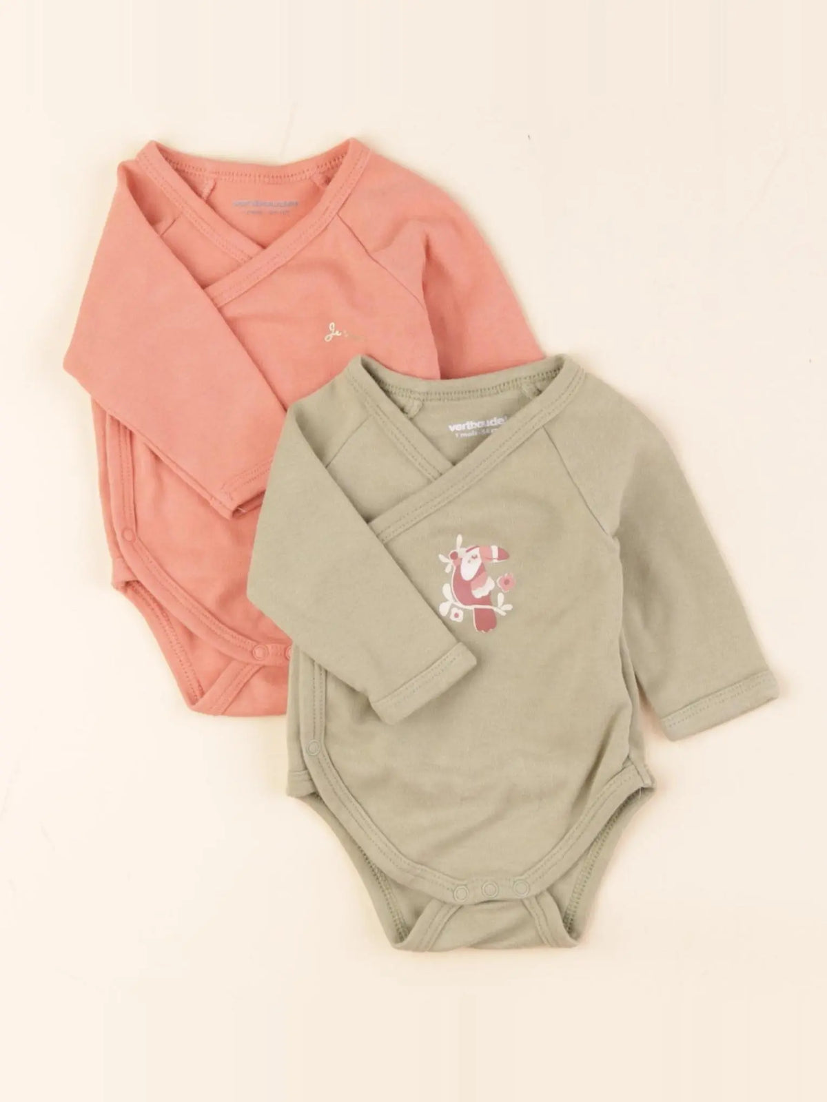Vertbaudet - lot de 2 bodies en coton vert, rose - 1 mois