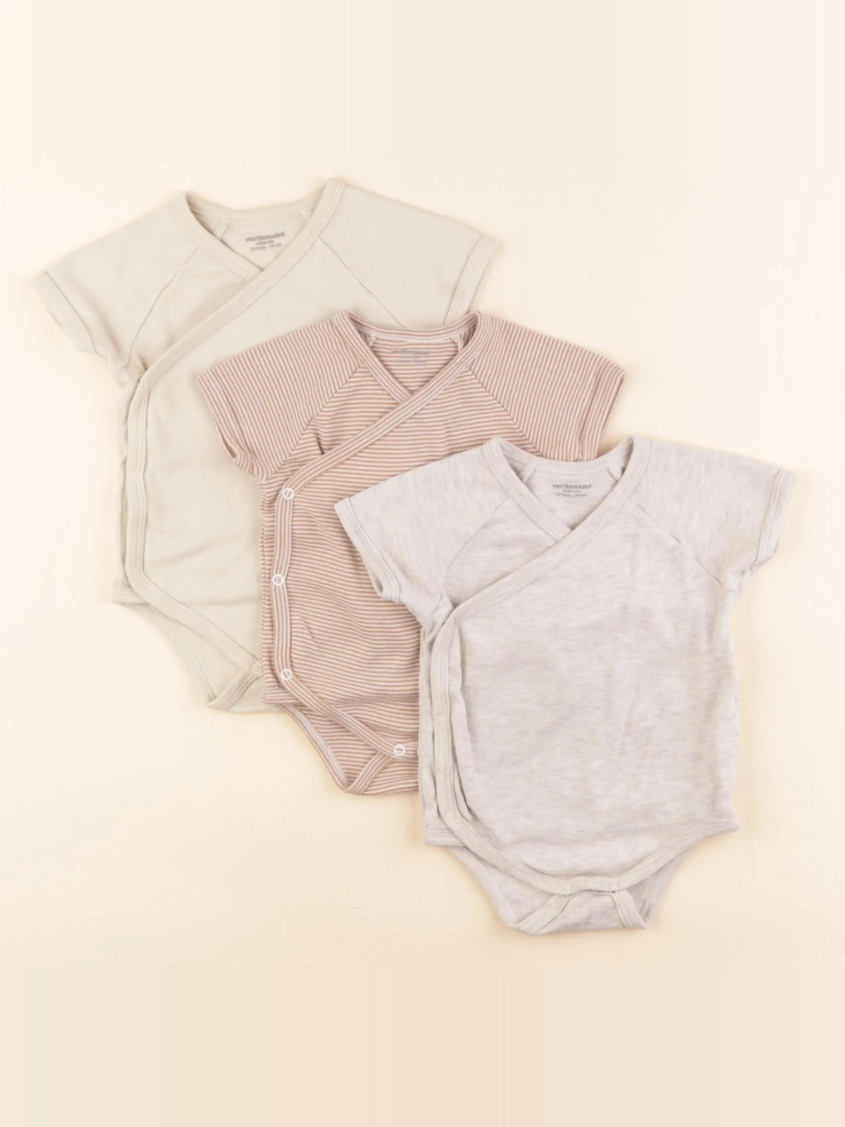 Vertbaudet - lot de 3 bodies en coton gris, beige - 12 mois
