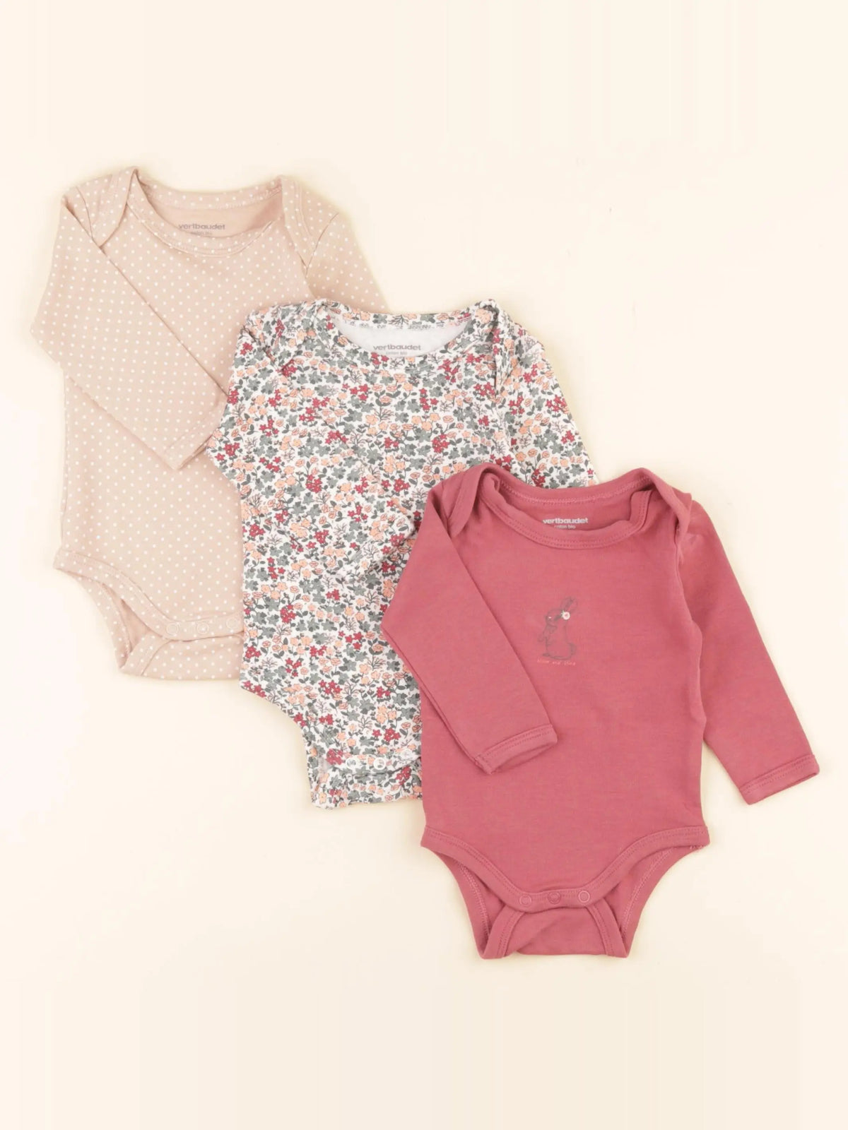 Vertbaudet - lot de 3 bodies en coton rose, beige - 3 mois