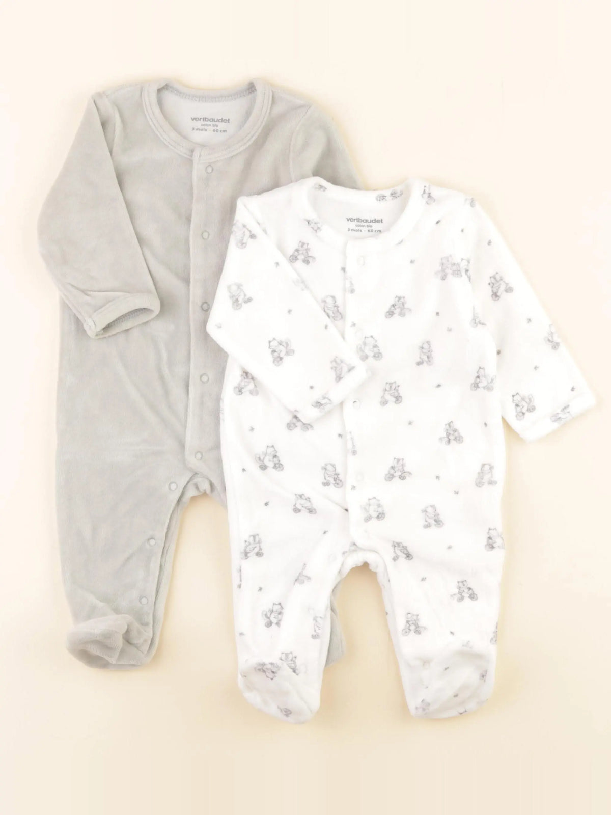 Vertbaudet - lot de 2 pyjamas velours blanc, vert - 3 mois