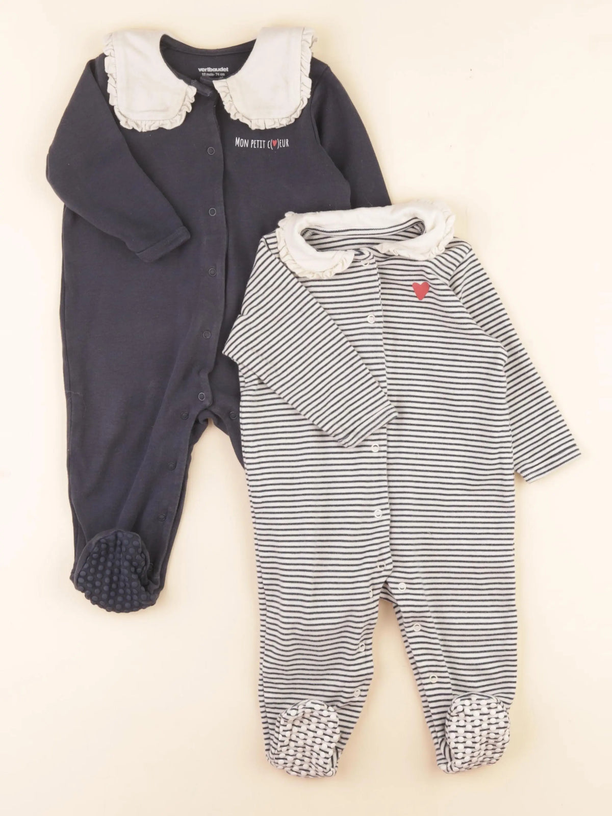 Vertbaudet - lot de 2 pyjamas coton bleu, beige - 12 mois
