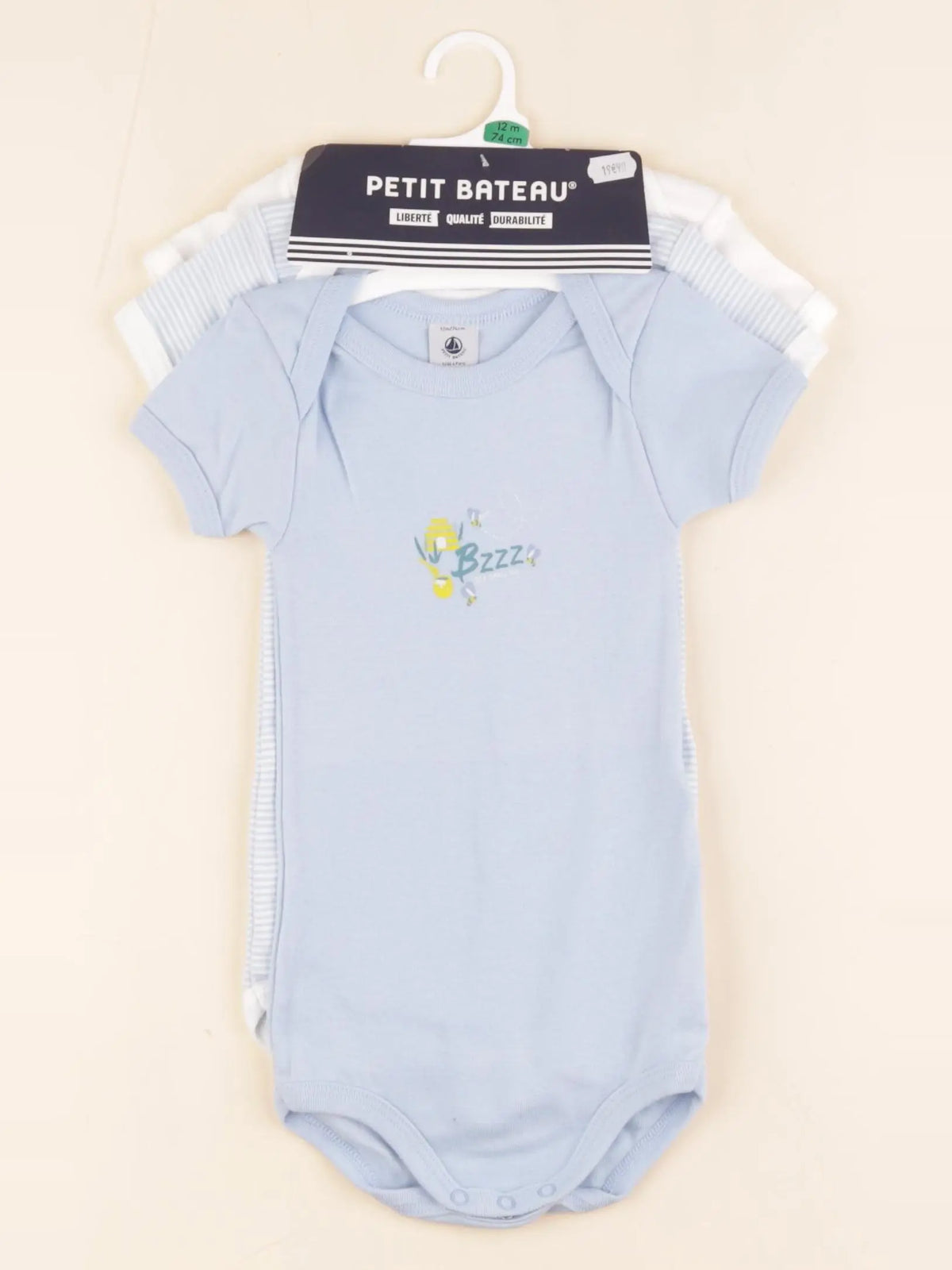 Petit Bateau - lot de 3 bodies en coton bleu - 12 mois