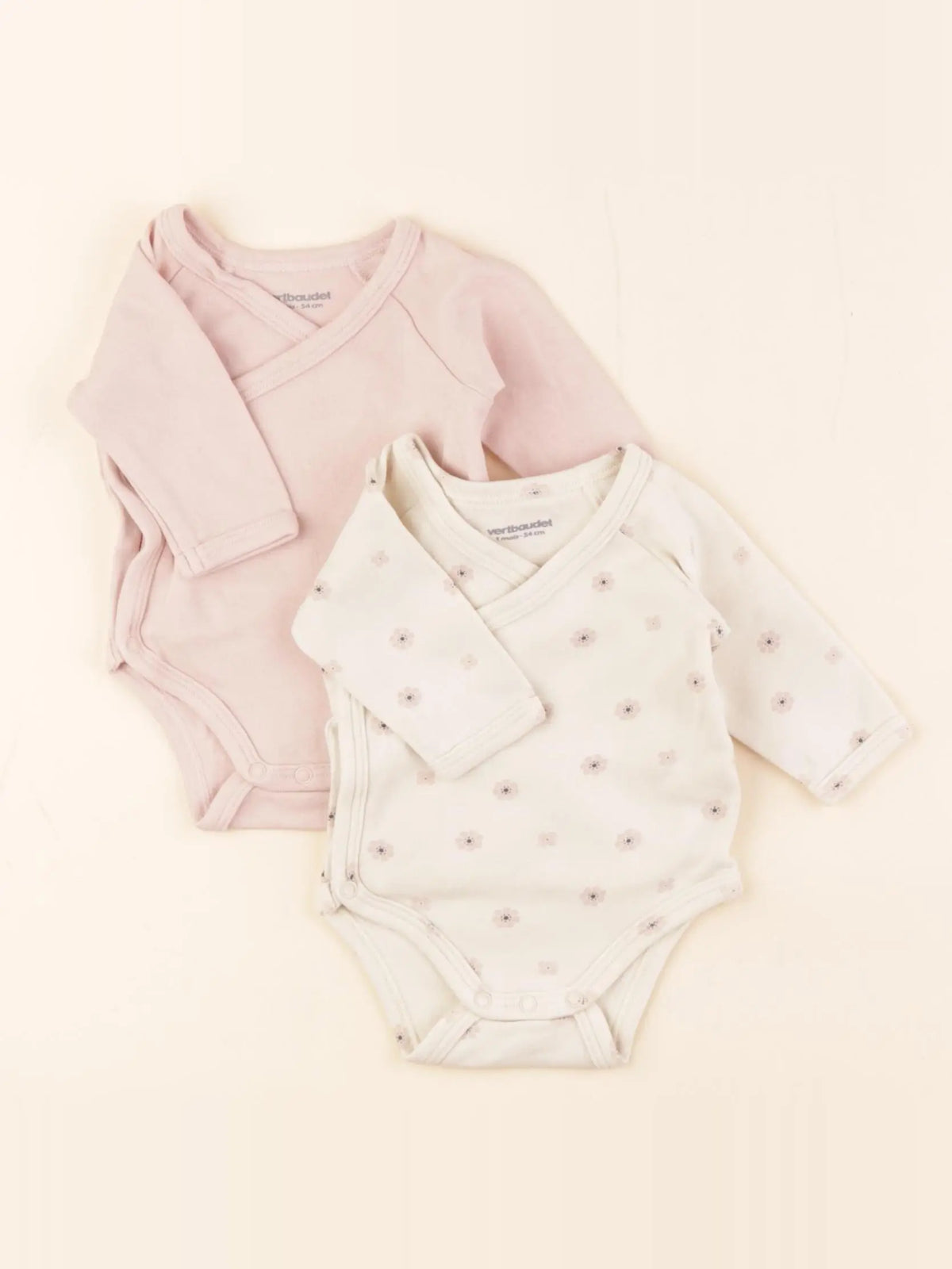 Vertbaudet - lot de 2 bodies en coton beige, rose - 1 mois