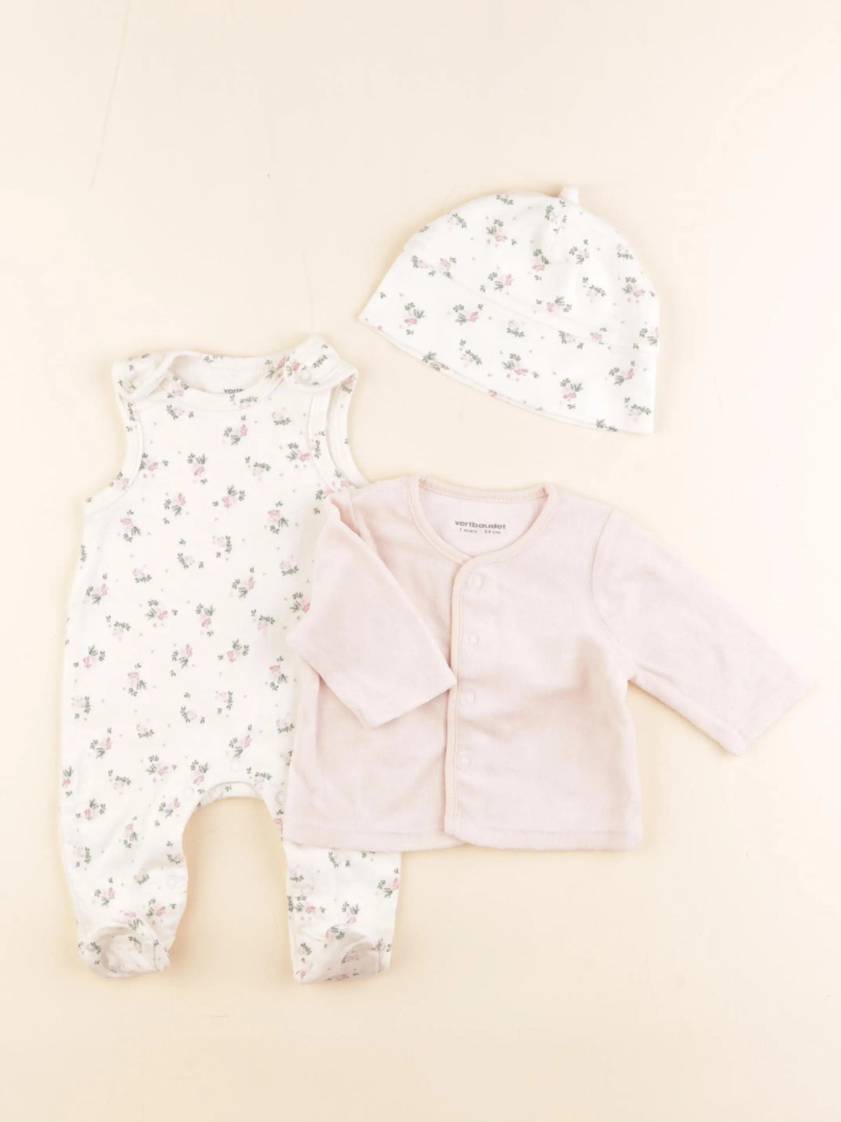 Vertbaudet - ensemble beige, rose - 0/1 mois