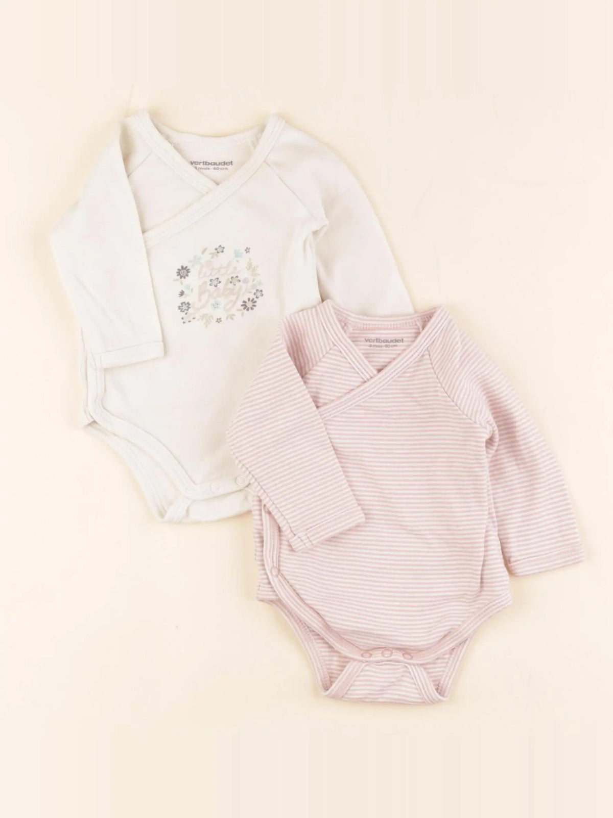 Vertbaudet - lot de 2 bodies en coton beige, rose - 3 mois